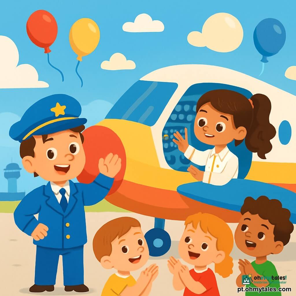 Um homem, o Capitão Tomás, sorridente e alegre, veste um uniforme azul brilhante com uma pequena estrela dourada em seu chapéu. Seus cabelos castanhos estão levemente desordenados pelo vento, e seus olhos brilham de excitação enquanto ele está ao lado de seu grande avião, pronto para decolar. Ao seu lado, Ana, uma menina de 10 anos, é a copiloto. Ela tem cabelos longos e cacheados, presos em um rabo de cavalo, e usa uma blusa branca com botões dourados. Ela ajusta os instrumentos na cabine, concentrada e entusiasmada. O local é um aeroporto ensolarado, com um céu azul vibrante e nuvens brancas e fofas. O avião, brilhante e colorido, está estacionado no pátio, cercado por algumas crianças que observam com admiração. A situação principal mostra o momento em que Tomás e Ana se preparam para decolar, com crianças aplaudindo e balões coloridos flutuando no ar.