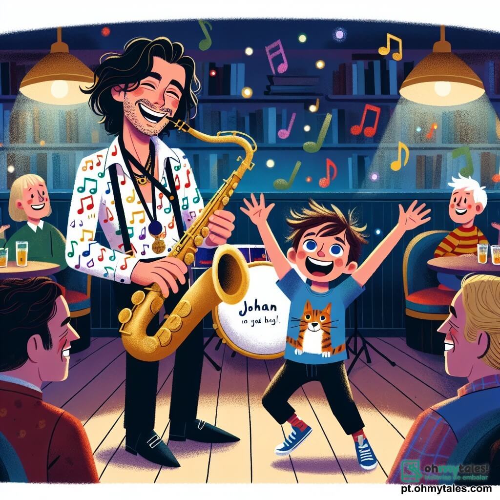 Um homem, Seu João, está no centro da imagem, sorrindo com olhos brilhantes de alegria. Ele tem cabelos negros levemente ondulados e usa uma camisa colorida com padrões de notas musicais. Ele toca seu saxofone dourado, produzindo notas que parecem dançar ao seu redor. Ao seu lado, um garoto chamado Tomás, com cerca de 8 anos, tem cabelos castanhos bagunçados e usa uma camiseta azul com um gato desenhado. Ele dança alegremente, com os braços levantados e um grande sorriso no rosto. O cenário é um pequeno clube de jazz acolhedor, com paredes de madeira escura, luzes suaves e mesas redondas onde pessoas sorridentes escutam a música. Notas musicais coloridas flutuam no ar, adicionando um toque mágico à atmosfera. A situação principal mostra Seu João e Tomás criando uma canção juntos, cercados pela energia alegre da música, enquanto os outros clientes do clube os observam com admiração e felicidade.
