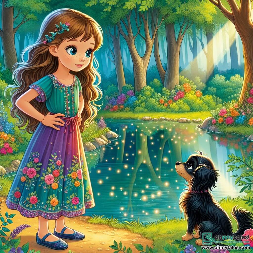 An 11-year-old girl, Elara, stands by a peaceful pond, her eyes shining with curiosity and wonder. She has long, slightly wavy brown hair and wears a colorful dress adorned with floral patterns. With her hands on her hips, she gazes intently at her reflection in the water, where glimmers of light dance on the surface. Beside her, a small black dog with sparkling eyes, around 5 years old, watches her with a wise expression. Sitting on its hind legs, its tail gently wagging, it seems to encourage Elara to discover the secrets of the pond. The setting is an enchanted glade, surrounded by majestic trees with lush green leaves and colorful flowers lining the pond. Sunlight filters through the branches, creating a play of shadows and light on the ground. The main scene shows Elara contemplating her reflection in the water, seeking to understand the meaning of happiness, while the dog beside her offers silent support, acting as a guide in her quest for wisdom.
