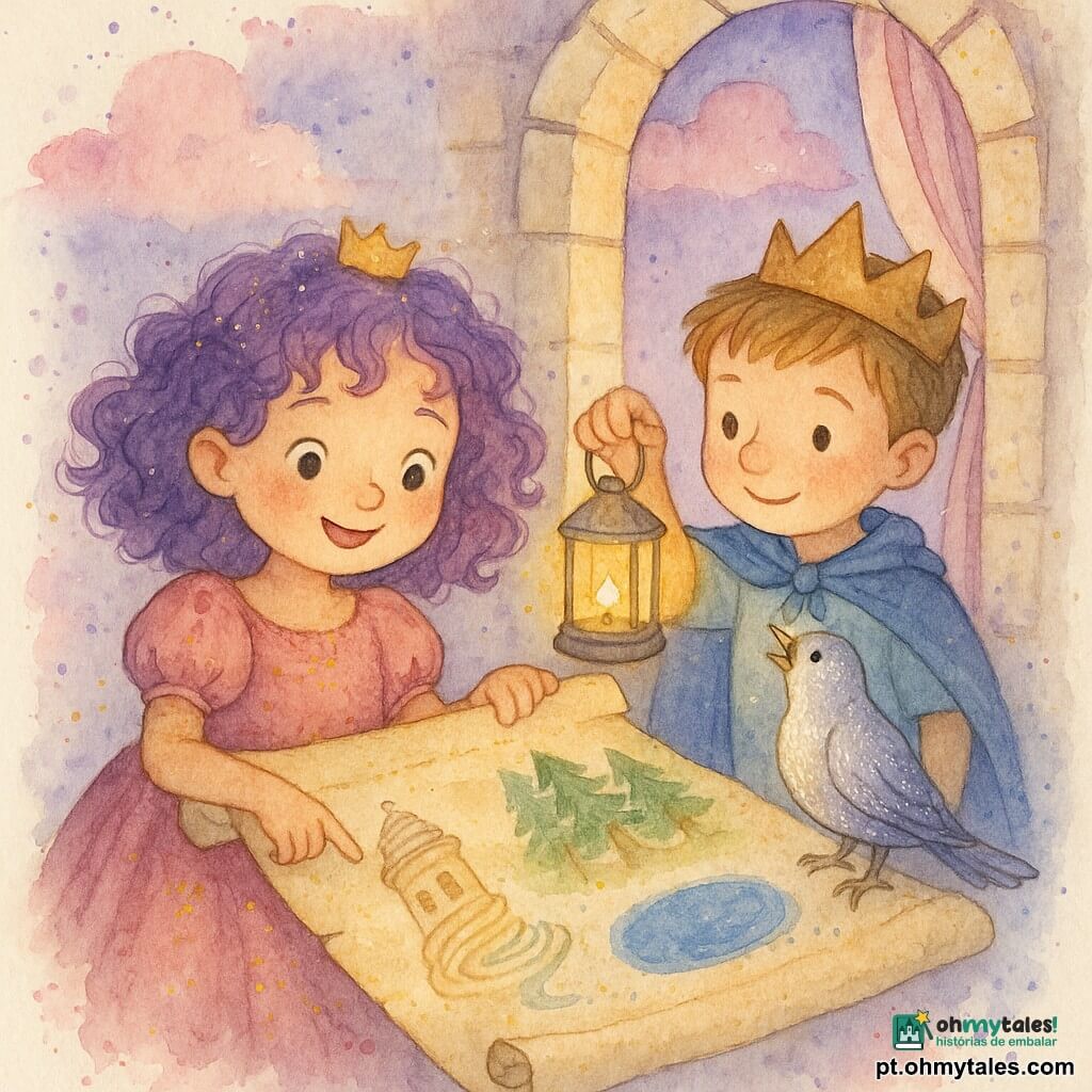 A princesa Lila, menininha delicada de cabelos violeta encaracolados e vestido rosa com brilho dourado, segura um grande pergaminho cartografado e sorri com olhos brilhantes; um pássaro prateado não humano pousa no peitoril da janela inclinando a cabeça como se cantasse; o príncipe Miguel, cerca de 6 anos, com capa azul pequena e coroa de madeira, está atrás dela, curioso e terno, segurando uma lanterna acesa; a cena se passa na janela de uma torre de castelo em pedra creme, com vista para um céu lavanda e nuvens rosas e cortinas bordadas esvoaçantes; no pergaminho há três desenhos: uma torre ventosa em linhas espirais, um lago espelho azul profundo e uma floresta de troncos ondulados verdes; a princesa aponta para o pergaminho, o príncipe ilumina o desenho e o pássaro olha para o horizonte; paleta suave de lavandas, rosas, azuis pálidos e toques de ouro; estilo aquarela suave com textura de papel e respingos controlados em nuvens e bordas do pergaminho.