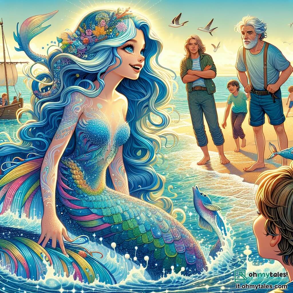 Al centro dell'immagine, una sirena di nome Lira, con lunghi capelli ondulati di un blu brillante, emerge dalle onde. Il suo viso è illuminato da un sorriso caloroso, i suoi occhi brillano di eccitazione e curiosità. La sua coda scintillante, decorata con motivi colorati, si dispiega graziosamente nell'acqua, mentre tende la mano verso un gruppo di umani sulla spiaggia. A sinistra, un ragazzo di 12 anni di nome Luca, con capelli castani disordinati e occhi pieni di entusiasmo, si trova sulla sabbia. Indossa una maglietta blu e dei pantaloni corti, e guarda Lira con ammirazione, pronto a invitarla a unirsi a lui. Accanto a lui, un uomo di cinquant'anni, un pescatore dal viso segnato, osserva la scena con un misto di sorpresa e diffidenza, le braccia incrociate. Il contesto è una spiaggia soleggiata, con onde dolci che si infrangono sulla riva. Conchiglie colorate e alghe danzano nell'acqua, mentre il cielo è punteggiato di nuvole rosa e dorate al crepuscolo. La scena principale mostra Lira e Luca che si incontrano per la prima volta, simboleggiando l'unione tra il mondo umano e quello marino, mentre gli altri personaggi guardano con curiosità e apprensione.