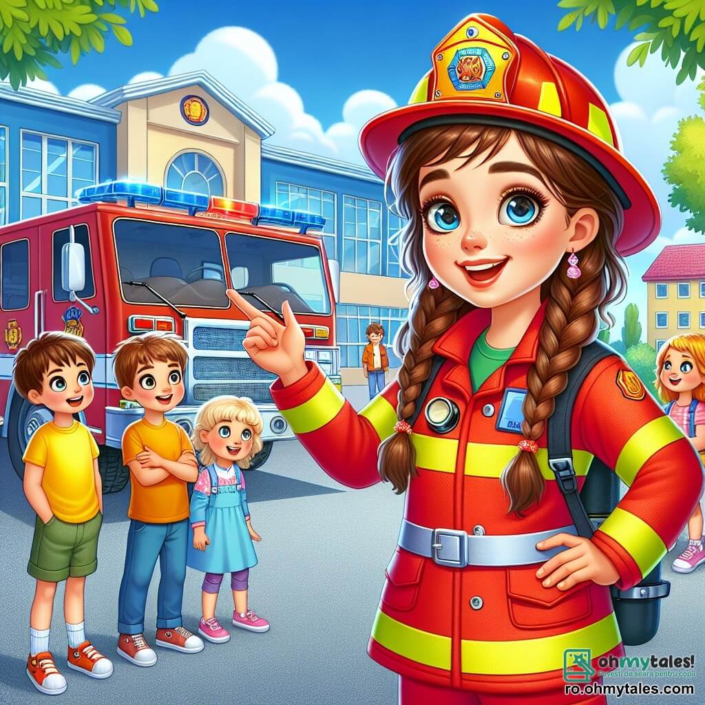 Daria, o femeie pompier curajoasă, poartă un uniform roșu aprins și o șapcă asortată. Fața ei radiază determinare și bucurie, cu ochi strălucitori și un zâmbet larg. Ea stă mândră lângă camioneta ei mare de pompieri, pregătită să intervină. Lângă ea, un grup de cinci copii, cu vârste de aproximativ 8-10 ani, privesc cu uimire. Un băiat cu părul brun și creț, îmbrăcat cu un tricou galben, arată spre camionetă, în timp ce o fetiță cu părul blond împletit, îmbrăcată într-o rochie albastră, zâmbește și ridică mâna pentru a o saluta pe Daria. Scena se desfășoară în fața unei școli colorate, cu pereți vopsiți în albastru și feronerie luminoasă. Copaci verzi înconjoară curtea, iar un cer azuriu se întinde deasupra, presărat cu câteva nori albi pufoși. Daria le explică copiilor cum va interveni pentru a stinge un incendiu fictiv în laboratorul de științe al școlii. Copiii, captivați, ascultă cu atenție, fețele lor fiind iluminate de entuziasm și admirație.