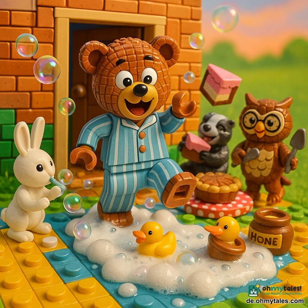 Bruno, ein großer Teddybär in LEGO‑Form, überrascht und lachend mit runden Augen und offenem Mund, braunes steintexturiertes Fell, trägt blau‑weiß gestreiften Schlafanzug und rutscht gerade auf einer großen glänzenden, schäumenden Seifenpfütze direkt außerhalb einer Holztür. Links hockt der weiße LEGO‑Hase Hoppel mit langen Ohren und frechem Lächeln, er pustet Seifenblasen durch einen bunten Strohhalm. Rechts tanzt die braun gefiederte LEGO‑Eule Ella mit runden Brillen und schwingt schelmisch eine kleine Kuchenpalette. Hinter der Pfütze sitzt der schwarz‑graue LEGO‑Dachs Dodo, lacht und hält ein großes Stück rosa Kuchen neben einer Torte auf einer gepunkteten Decke. Eine gelbe Plastikente schwimmt fröhlich in dem Schaum nahe einem wie ein Boot treibenden Honigtopf. Szene: haustürschwelle aus warmen Ziegeln, rutschiges bunt gekacheltes Pflaster mit weißem Schaum und bunten, durchscheinenden Blasen, im Hintergrund helle Wiese und pastellener Sonnenuntergang; komischer Moment, in dem Bruno hinausrutscht, herumfliegende Seifenblasen, lachende Nachbarn und ein leicht fliegendes Stück rosa Kuchen, schrullige Stimmung, leuchtende Farben und glänzende, runde Formen.