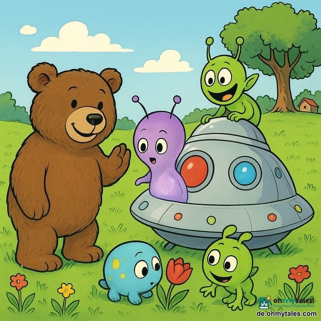 Bruno ist ein großer realistischer Teddybär mit dichter brauner Fell, runden sanften Augen und einem freundlichen Lächeln, er winkt mit der Pfote; Lila ist eine violette, glühende Glühwürmchenartige Außerirdische mit feinen Antennen, staunendem Gesicht, sie steigt gerade aus einem kleinen gerundeten silbernen Raumschiff; Blip ist eine hellblaue, rundliche Kreatur mit gelben Flecken, funkelnden Augen und neugierigen Händen und riecht an einer Tulpe im Vordergrund; Zwirbel ist ein grüner, dreiaugiger, schelmischer Außerirdischer, der fröhlich am Rand des Raumschiffs hochklettert; das Raumschiff hat bunte Bullaugen und blinkende Lichter und steht in einer sonnigen Wiese mit lebhaft grünem Gras, roten und gelben Blumen, einem funkelnden Bach, ein paar entfernten Holzhäusern und einer großen Eiche — eine freundliche, neugierige Begegnung in fröhlicher, ruhiger Atmosphäre mit klaren Formen und leuchtenden Farben für Kinder.