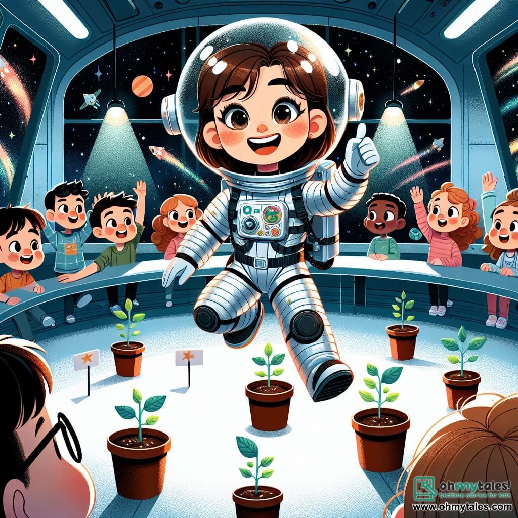 In the center of the image, Captain Stella Starbright, a brown-haired astronaut with her hair in a ponytail, joyfully floats in her silver spacesuit, her eyes sparkling with curiosity and excitement. She is surrounded by small green plants beginning to sprout in special pots, her delicate hands tending to them with care. In the background, a class of children, consisting of four boys and two girls aged around 8 to 10 years, look on with wide eyes and faces lit up with wonder. A boy with round glasses and brown hair raises his hand to ask a question, while a curly-haired girl with a bright smile holds a small sign with stars drawn on it. The scene takes place inside the Celestial Voyager, a futuristic spaceship with shiny walls and panoramic windows, offering a spectacular view of a starry sky filled with colorful planets and shimmering meteors. The main situation shows Captain Stella sharing her astronaut experience with the children, enthusiastically explaining how she cares for the plants in zero gravity, creating a magical moment of learning and inspiration in the vastness of space.