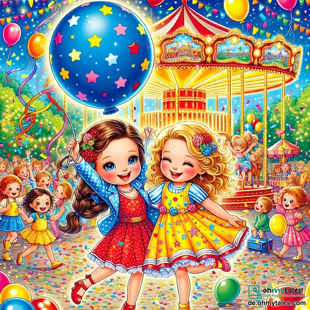Zwei kleine Mädchen, Mia und Leni, stehen im Mittelpunkt des Bildes. Mia, 7 Jahre alt, hat lange, geflochtene braune Haare und trägt ein rotes Kleid mit weißen Punkten. Sie lächelt fröhlich und hält einen großen blauen Ballon. Leni, ebenfalls 7 Jahre alt, hat lockige blonde Haare und trägt ein gelbes Kleid mit Sternen. Sie tanzt begeistert mit erhobenen Armen, umgeben von buntem Konfetti. Der Hintergrund ist ein lebendiger Park, gefüllt mit farbenfrohen Karnevalsständen, die mit Lichtern und schwebenden Ballons dekoriert sind. Kinder lachen und spielen um sie herum, während ein großer, bunter Karussell im Hintergrund dreht, beleuchtet von funkelnden Lichtern. Die Hauptszene zeigt Mia und Leni, die eine große, glitschige Schatzkiste voller bunter Überraschungen entdecken, umgeben von leuchtenden Sternen und Glitzer, die die Magie des Karnevals symbolisieren.