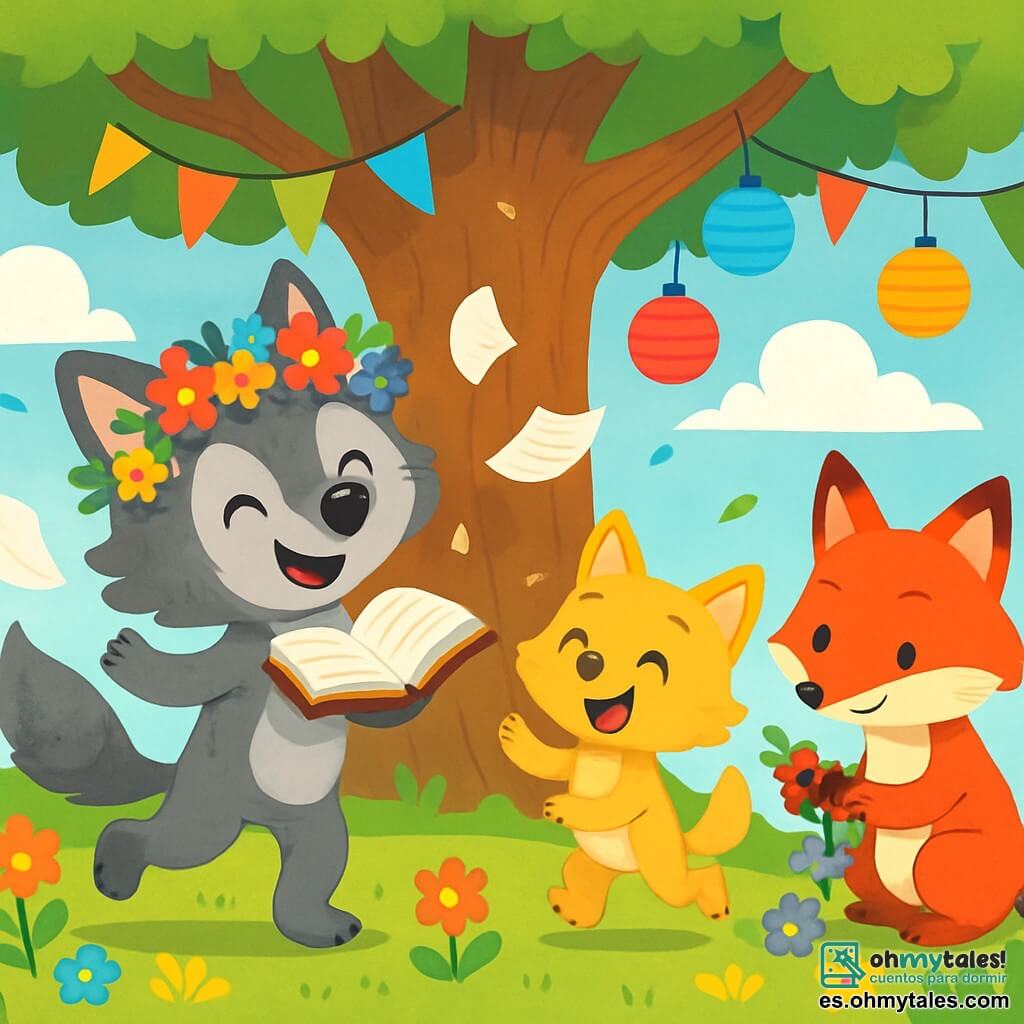 Lupo, un pequeño lobo de pelaje gris y suave, con grandes ojos brillantes de alegría, baila bajo un gran roble, con una sonrisa radiante en su rostro. Lleva una corona de flores coloridas en la cabeza y sostiene un libro abierto entre sus patas delanteras, rodeado de páginas que revolotean. A su lado, Lupita, su hermanita, un adorable lobezno de pelaje dorado, ríe a carcajadas, con los ojos brillantes de emoción, mientras intenta imitar los pasos de baile de Lupo. Nico, un zorro rojo brillante con una cola espesa, se encuentra un poco retirado, trenzando flores para su propia corona, con una expresión concentrada pero divertida en su rostro. El lugar es un jardín soleado, lleno de flores vibrantes y un cielo azul claro salpicado de nubes blancas y esponjosas. El gran roble, majestuoso, ofrece una sombra acogedora, y farolitos de colores flotan en el aire, creando una atmósfera festiva. La escena principal muestra a Lupo y sus amigos celebrando su festival de verano, bailando alegremente alrededor del roble, rodeados de risas y colores, mientras comparten historias y tradiciones inventadas juntos.