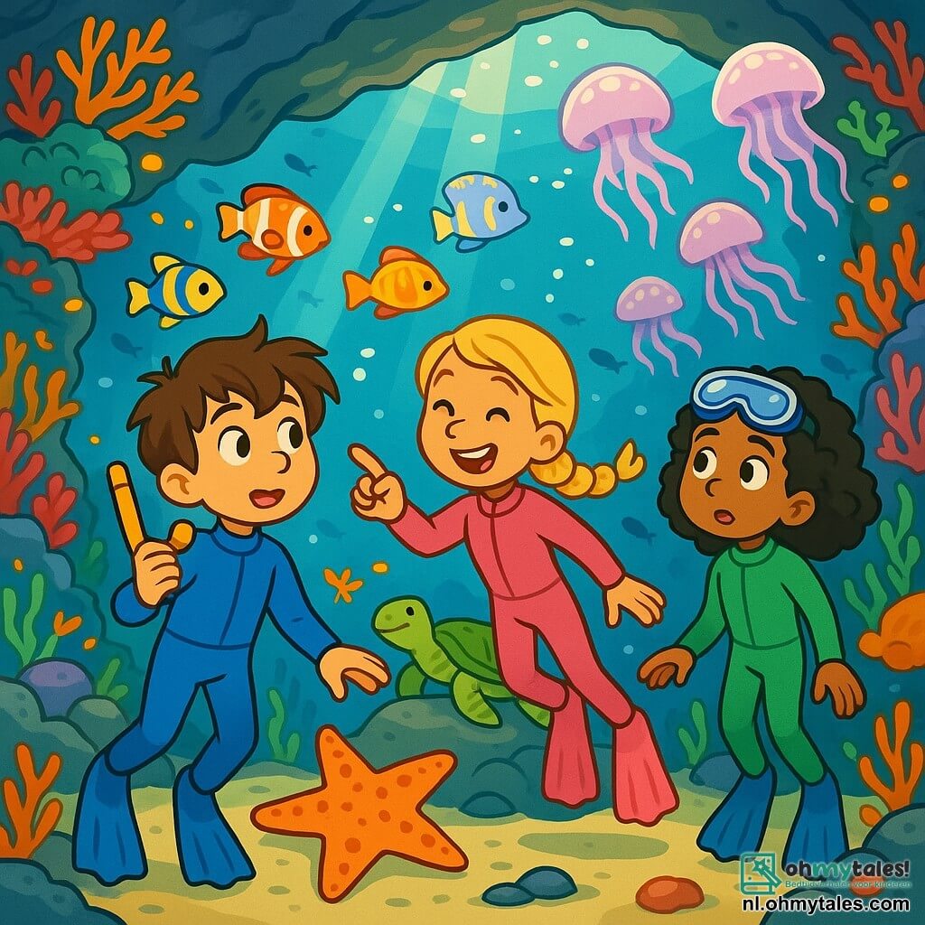 Er zijn 3 personages: - Finn: een 10-jarig jongetje met rommelig bruin haar en nieuwsgierige ogen. Hij draagt een blauwe duikpak en houdt een snorkel in zijn hand, terwijl hij verwonderd naar de kleurrijke vissen om hem heen kijkt. - Noor: een 9-jarig meisje met lange, gevlochten blonde haren en een stralende glimlach. Ze is gekleed in een roze duikpak en zwemt vrolijk dicht bij Finn, terwijl ze met haar vinger naar een grote zee ster op de zeebodem wijst. - Yasmin: een 10-jarig meisje met gekruld zwart haar en duikbril op haar voorhoofd. Ze draagt een groene duikpak en staat iets op afstand, terwijl ze kijkt naar een dans van glinsterende kwallen die rustig in het water drijven. De hoofdlocatie is een prachtige onderwatergrot, met rotswanden bedekt met kleurrijke koralen en lichtstralen die door het water filteren, wat een betoverend schouwspel creëert. Felgekleurde tropische vissen zwemmen om hen heen, terwijl een grote zeeschildpad op een steen rust, wat een vleugje magie aan deze onderwateromgeving toevoegt. De hoofdactie van het verhaal toont de kinderen die een groep dansende kwallen ontdekken, verlicht door zonlicht, terwijl ze de grot verkennen. Ze lachen en verwonderen zich over de schoonheid van de zee, waardoor ze onvergetelijke herinneringen aan hun onderwateravontuur creëren.