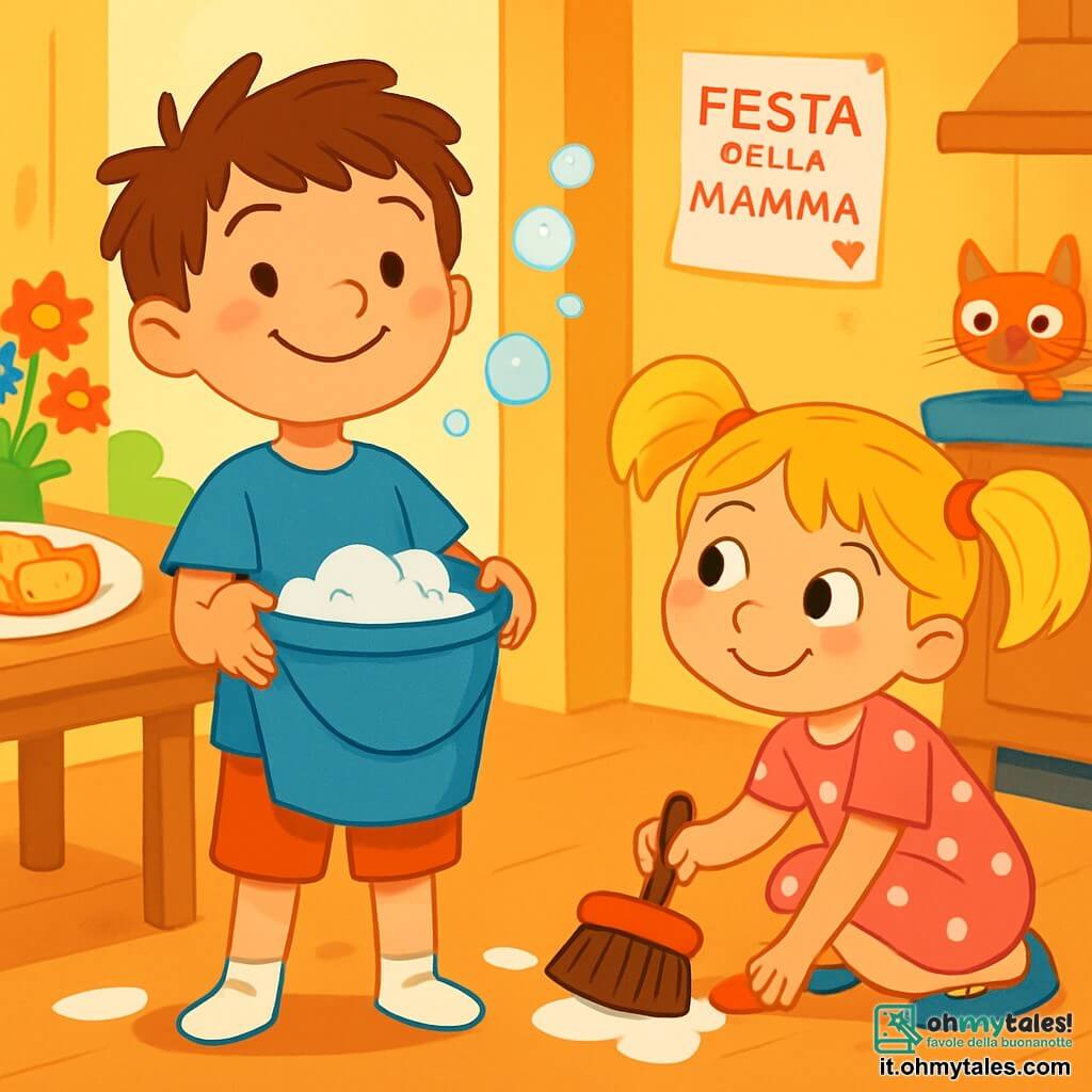 Ci sono 2 personaggi principali: Giacomo, un ragazzo di 7 anni con capelli castani e arruffati, indossa una grande maglietta blu e pantaloni corti, è in piedi con un grande secchio di pulizia e un sorriso orgoglioso; e Sofia, una ragazza di 7 anni con capelli biondi in due trecce, indossa un vestito rosa a pois, è accovacciata con una scopa e guarda Giacomo con un'espressione maliziosa. La scena si svolge in una cucina accogliente con pareti gialle, un tavolo in legno rustico coperto di fiori colorati e pancake strani a forma di cuori e nuvole su un piatto. Si notano schizzi di farina sul pavimento e bolle di sapone nell'aria. I due stanno pulendo e preparando una sorpresa per la festa della mamma, con sorrisi luminosi e un'atmosfera gioiosa, mentre un gatto curioso li osserva da un angolo della stanza.