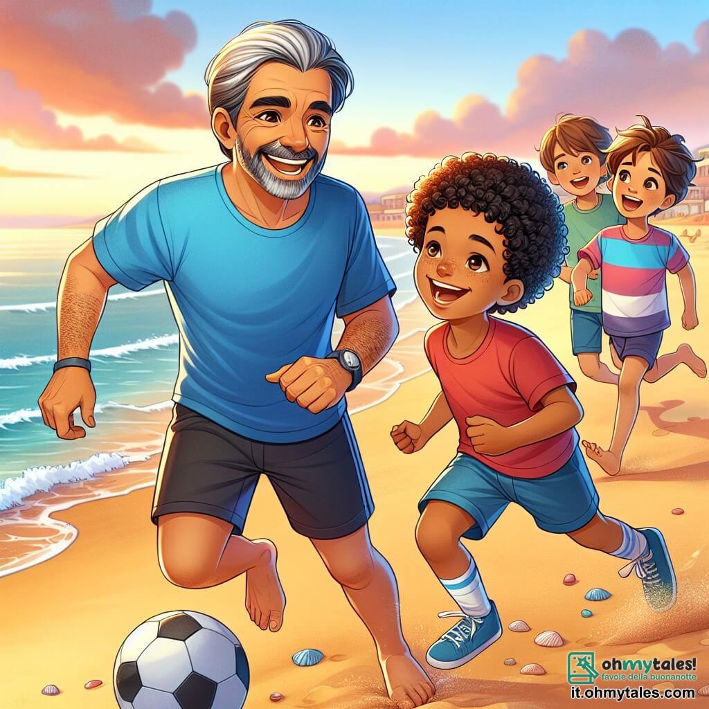Un uomo di mezza età, Giorgio, con capelli brizzolati e un sorriso caloroso, sta giocando a calcio sulla spiaggia. Indossa una maglietta blu e pantaloni corti neri, e il suo volto esprime gioia ed eccitazione. Accanto a lui, un ragazzo di 8 anni di nome Marco, con capelli ricci e occhi brillanti, tiene un pallone da calcio sotto il braccio. Lo guarda con ammirazione, pronto a passargli il pallone. Dietro di loro, un gruppo di quattro bambini, due ragazzi e due ragazze, di età compresa tra 7 e 10 anni, si divertono a correre sulla sabbia dorata, indossando t-shirt colorate e ridendo gioiosamente, creando un'atmosfera di amicizia e felicità. La scena si svolge su una spiaggia soleggiata, con onde dolci che si infrangono sulla riva, un cielo colorato di rosa e arancione al tramonto, e conchiglie sparse sulla sabbia. La situazione principale mostra Giorgio e Marco che giocano insieme, circondati dagli altri bambini che ridono e si divertono, illustrando lo spirito di squadra e la passione per il calcio.