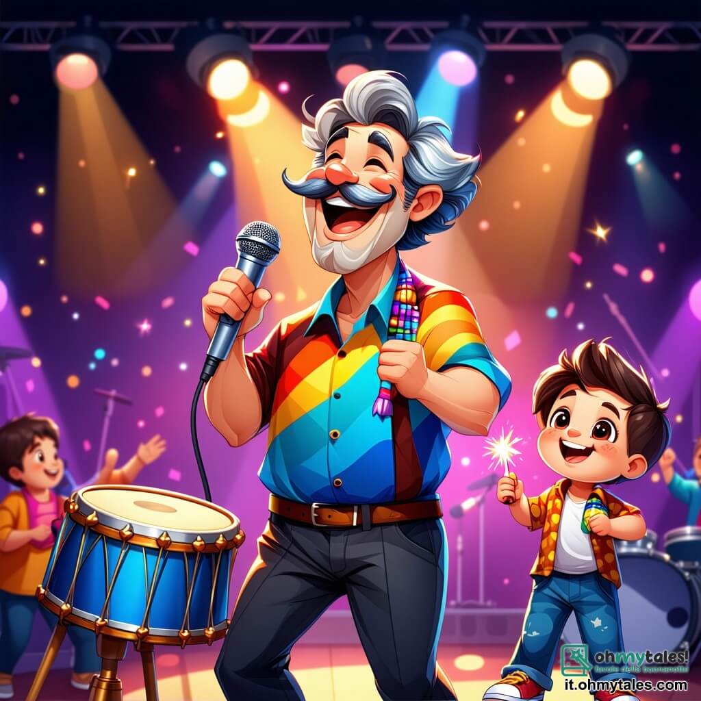 Il Signor Note, un uomo di circa cinquant'anni con capelli ricci e un grande baffo, sorride gioiosamente sul palco, vestito con una camicia colorata e pantaloni neri. I suoi occhi brillano di eccitazione mentre canta con passione, tenendo un microfono in una mano e un tamburo nell'altra. Marco, un ragazzo di 8 anni con capelli castani e occhi vivaci, è accanto a lui, con una maracas e ride con entusiasmo. Giulia, una bambina di 7 anni con trecce bionde e un vestito a fiori, balla felicemente scuotendo un tamburello. Sofia, una piccola di 6 anni con codini castani, applaude con un grande sorriso, gli occhi fissi sul Signor Note. La scena si svolge in un parco soleggiato, pieno di palloncini colorati e alberi verdi che danzano al ritmo della musica. Bambini e famiglie sono seduti su coperte, ascoltando attentamente e divertendosi. Il Signor Note e i bambini cantano insieme una canzone gioiosa su un'avventura in un boschetto magico, creando un'atmosfera festosa e piena di risate, mentre il pubblico applaude con entusiasmo.