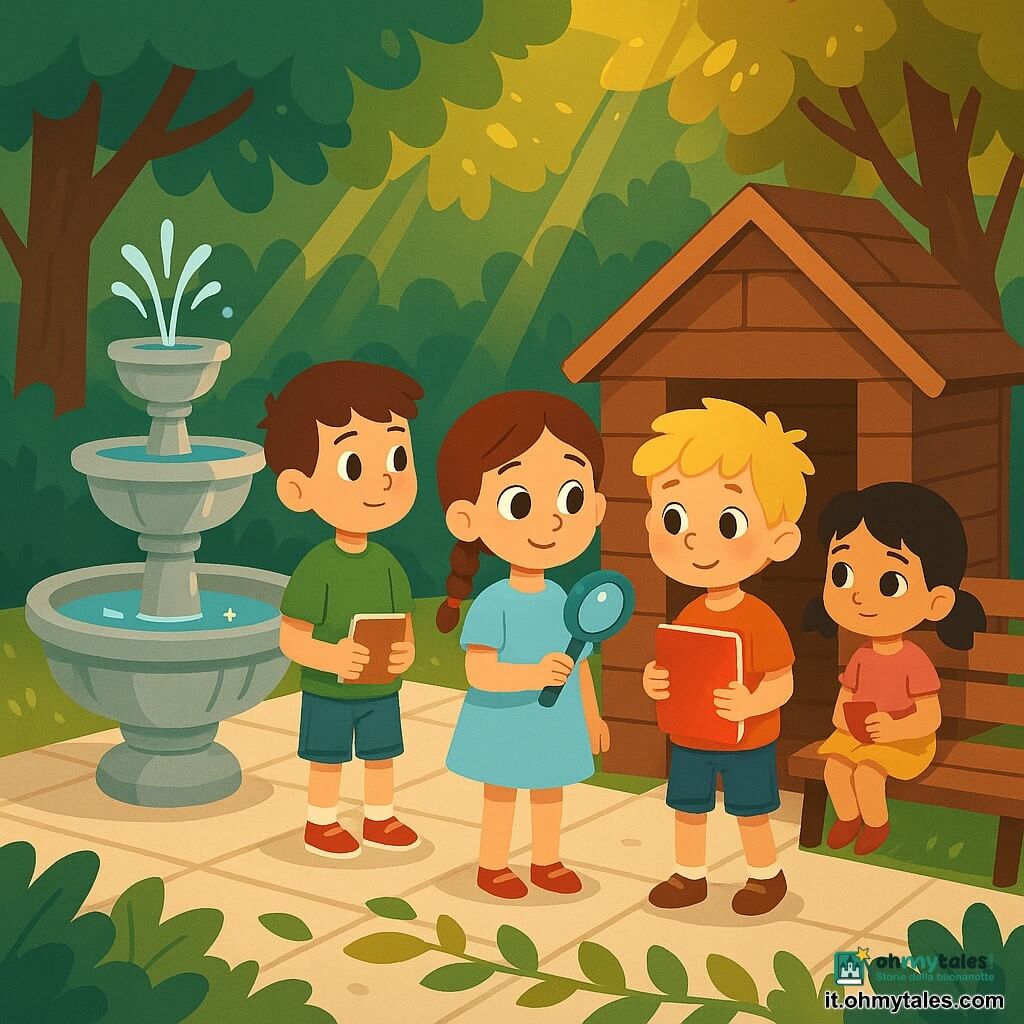 Ci sono quattro bambini: Milo, 6 anni, capelli castani corti, maglietta verde e jeans corti, in piedi vicino alla fontana a sinistra con un piccolo taccuino; Giulia, 6 anni, capelli castano in treccia, vestito azzurro, lente di plastica blu nella mano destra, al centro davanti alla casetta, viso curioso; Leo, 6 anni, capelli biondi spettinati, uscente dalla casetta di legno a destra, tiene un grande quaderno rosso contro il petto con espressione timida; Sara, 6 anni, capelli neri a codini, gonna gialla, seduta su una panchina dietro il gruppo con un pezzetto di carta rossa e uno sguardo compassionevole. Ambientazione: piazzetta ombreggiata con pavimento chiaro, grande fontana in pietra a sinistra, piccola casetta da gioco in legno a destra con porta socchiusa, panchina dietro i bambini, sentiero di foglie verdi e marroni che collega casetta e fontana, alberi dalle foglie larghe e raggi di sole dorati. Situazione: i quattro circondano Leo che esce con il quaderno rosso; Milo e Giulia guardano il quaderno e Giulia mostra la lente, Sara tiene un piccolo indizio; tutti hanno espressioni dolci e attente, qualche foglia forma una scia sul pavimento e il quaderno rosso brilla leggermente come punto focale.