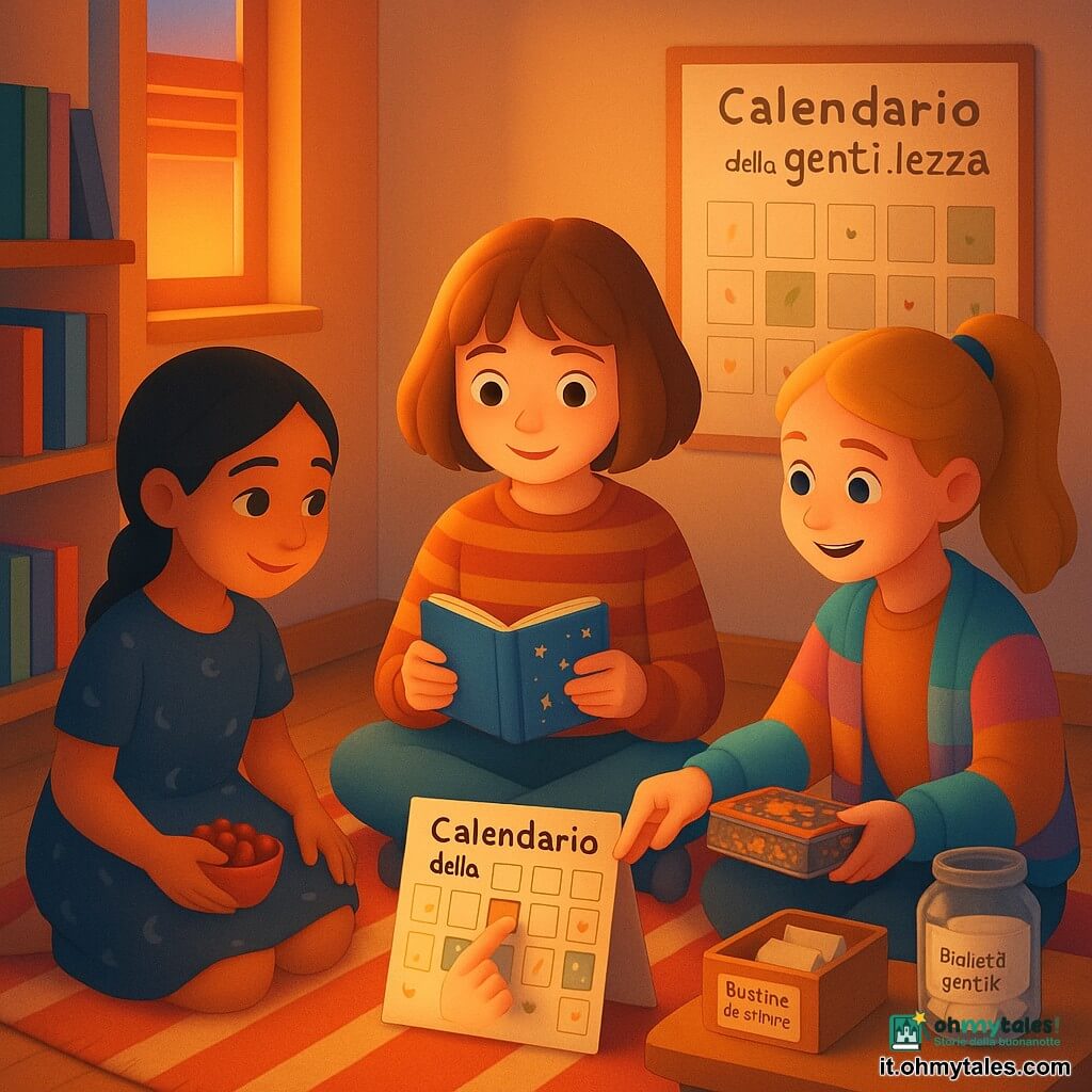 Ci sono tre bambine di 12 anni riunite in un angolo lettura caldo: Nora, castana con capelli a caschetto e un piccolo libro blu, seduta al centro del tappeto a righe rosse e crema; Samira, pelle olivastra con lunga treccia nera e un vestito con motivi di lune, seduta a sinistra con un sacchetto di datteri; Giulia, bionda in coda con gilet colorato, seduta a destra mentre porge una scatola di biscotti. Stanno insieme davanti a un calendario delle gentilezze fatto a mano, aprendo una finestrella; sui cuscini e sul tavolino a forma di luna ci sono una scatola con sacchetti da offrire ai vicini e un barattolo con bigliettini di frasi gentili. Atmosfera intima e luminosa al tramonto, colori caldi e texture morbide.
