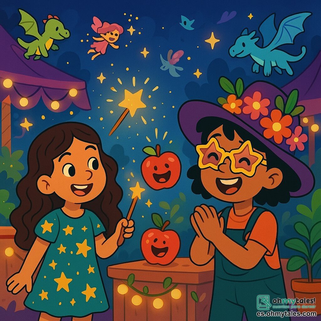 Dos personajes principales: 1. Valeria, una niña de 10 años con cabello rizado y un vestido colorido adornado con estrellas brillantes, está en el centro, agitando una varita mágica que emite chispas doradas. 2. Luna, una niña de 10 años con cabello corto y gafas en forma de estrella, lleva un sombrero extravagante lleno de flores coloridas. Ella está al lado de Valeria, riendo y aplaudiendo con entusiasmo. El lugar es el mercado mágico de Magilandia, un sitio vibrante y encantador, donde los puestos están decorados con guirnaldas luminosas y frutas brillantes. Criaturas fantásticas, como pequeños dragones y hadas, vuelan alrededor, añadiendo un toque de magia a la atmósfera festiva. La situación principal muestra a Valeria, llena de confianza, lanzando un hechizo para transformar una manzana ordinaria en una manzana que cuenta chistes, mientras risas resuenan a su alrededor, creando un ambiente de fiesta y magia.
