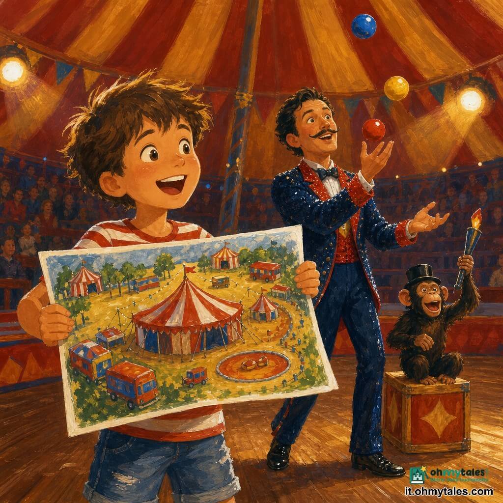 Un ragazzo di 10 anni entusiasta e meravigliato, capelli castani spettinati, maglietta a righe rossa e bianca, short di jeans consumato, occhi brillanti, tiene orgoglioso in primo piano una grande mappa colorata del circo; un uomo adulto, Gianni il giocoliere (30–40 anni), sorridente, costume di paillettes blu notte e rosso, baffo sottile, lancia tre palline colorate in aria vicino al ragazzo, leggermente dietro e a destra; un piccolo scimpanzé con un minuscolo cilindro nero imita Gianni cercando di afferrare una torcia finta, seduto su una cassa dietro di lui; all'interno di un grande tendone a righe rosse e gialle, pavimento in assi, luce calda dei riflettori, festoni e gradinate sfocate sullo sfondo; scena: momento di prova prima dello spettacolo — il ragazzo mostra la mappa, Gianni gioca a tre palline sopra di lui e lo scimpanzé si diverte, atmosfera gioiosa, colori vivaci e texture a gouache con pennellate visibili.