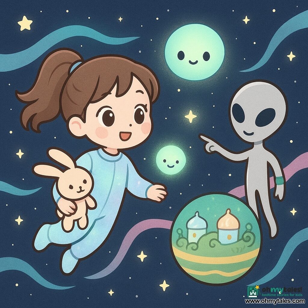 An 8-year-old girl, Mina, radiant and amazed with brown hair in a ponytail and large hazel eyes, wears a pale iridescent soft suit and holds her plush rabbit Bun under her arm as she floats semi-seated; a small mint-colored round luminous being named Lumo with round black eyes and a gentle smile pulses beside her, looking kindly, while a slender silver alien, Pex, with a green wristband floats slightly behind and points toward the planet Sylli; the scene is the "star road" — a deep black sky studded with nearby star lanterns, translucent turquoise and pink air ribbons, and a small foreground planet with green and gold bands, nacre dome houses and spiral plants; Mina calmly drifts through the Milky Way toward Sylli, faces softly lit, composition centered on the trio with the bright planet in the background.