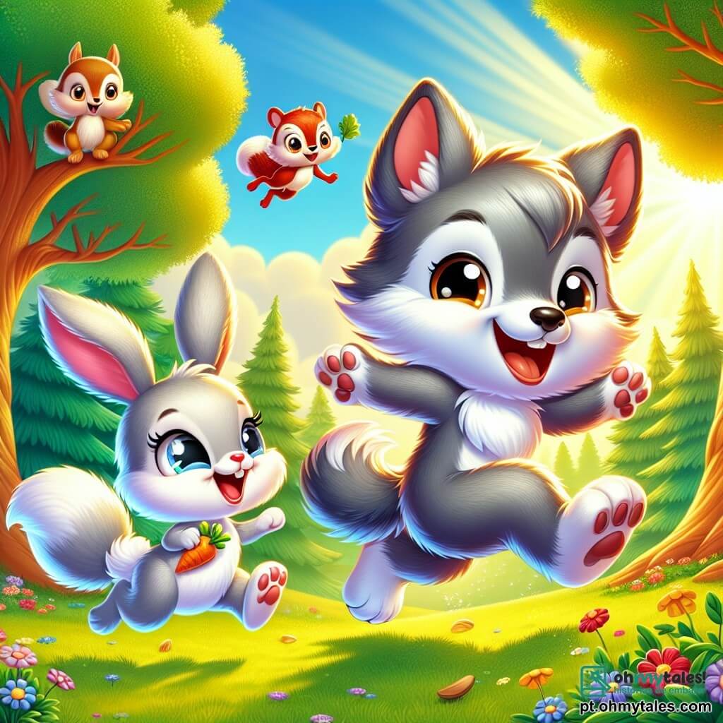 Um pequeno lobo de pelos cinzentos e macios, com grandes olhos brilhantes e um largo sorriso, corre alegremente em uma floresta ensolarada, com as patas levantadas no ar, expressando grande alegria. Ao seu lado, uma coelhinha de grandes orelhas e pelagem branca, com olhos cintilantes, salta com entusiasmo, segurando uma cenoura em suas pequenas patas. Um esquilo de pelagem ruiva, com uma cauda espessa e olhos travessos, sobe em uma árvore próxima, rindo e agitando uma noz que encontrou. A cena se passa em uma floresta verdejante, cheia de árvores majestosas com folhas brilhantes, flores coloridas e uma suave luz dourada filtrando através dos galhos. No chão, a grama é de um verde vívido, salpicada de pequenas flores silvestres. Nessa situação, o pequeno lobo e seus amigos se divertem correndo e pulando juntos, celebrando sua amizade sob o céu azul, cercados pela beleza da natureza.
