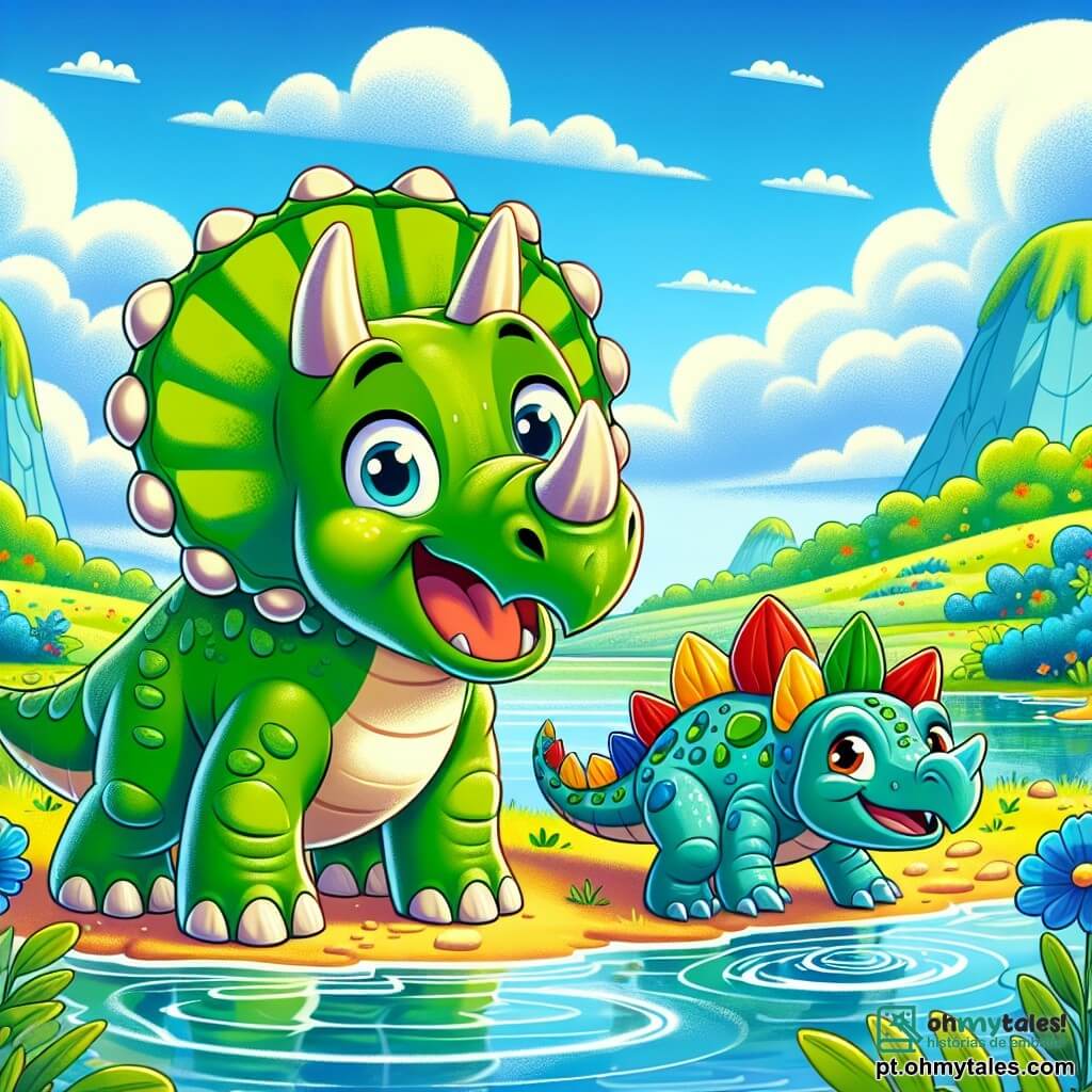 Um tricerapto chamado Tico, com pele verde e escamas brilhantes, está alegremente à beira de um lago cintilante, com seus três chifres apontando para o céu. Ele tem um grande sorriso no rosto, demonstrando sua empolgação e curiosidade. Ao seu lado, um estegossauro chamado Estela, com espinhos coloridos nas costas e uma expressão divertida, respinga água enquanto ri. O lago é cercado por flores azuis vibrantes e grandes montanhas verdejantes, sob um céu azul salpicado de nuvens fofas. A cena captura o momento em que Tico e Estela se divertem juntos, brincando na água e aproveitando a amizade em um cenário natural encantador.