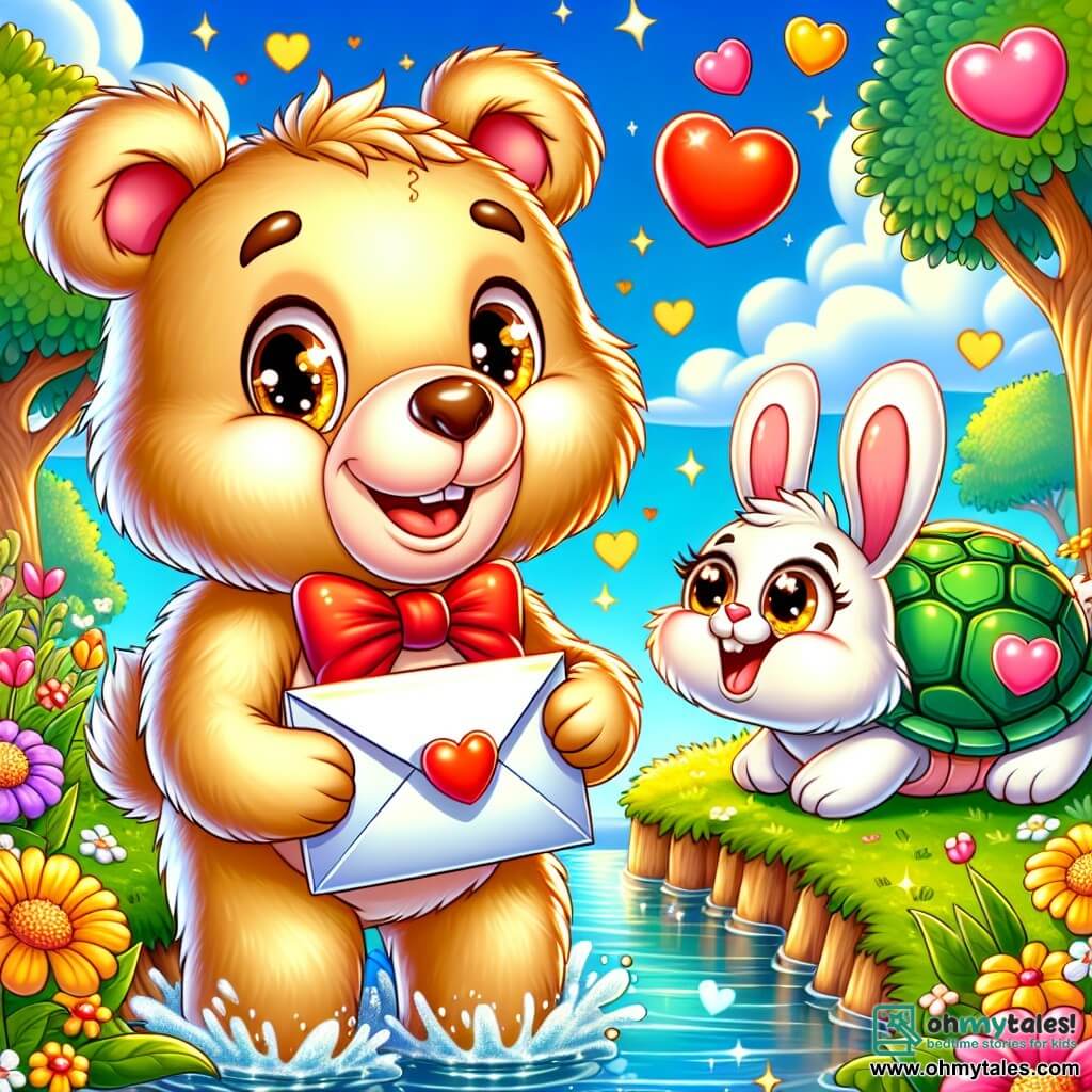 The illustration depicts a cheerful bear with golden fur and sparkling mischievous eyes. He wears a red bow tie and smiles widely while holding a large colorful envelope in his paws, ready to deliver a message of love. Beside him is a small bunny with big ears and white fur, pink cheeks, and bright excited eyes, jumping in place, clearly eager and happy, looking at the bear with admiration. A little green turtle with a gentle curious expression observes the scene, a shy smile on its face, wondering what the bear will do. The setting is by a sparkling pond, surrounded by colorful flowers and large heart-shaped leaves on trees. The sky is bright blue with fluffy white clouds. The main focus shows the bear preparing a surprise for his friends by delivering love messages, while the bunny and turtle cheer him on enthusiastically. Hearts float around them, adding a magical touch to this Valentine's scene. Other graphic elements include heart-shaped balloons, flower garlands, and small colorful gift packages, creating a festive and joyful atmosphere.