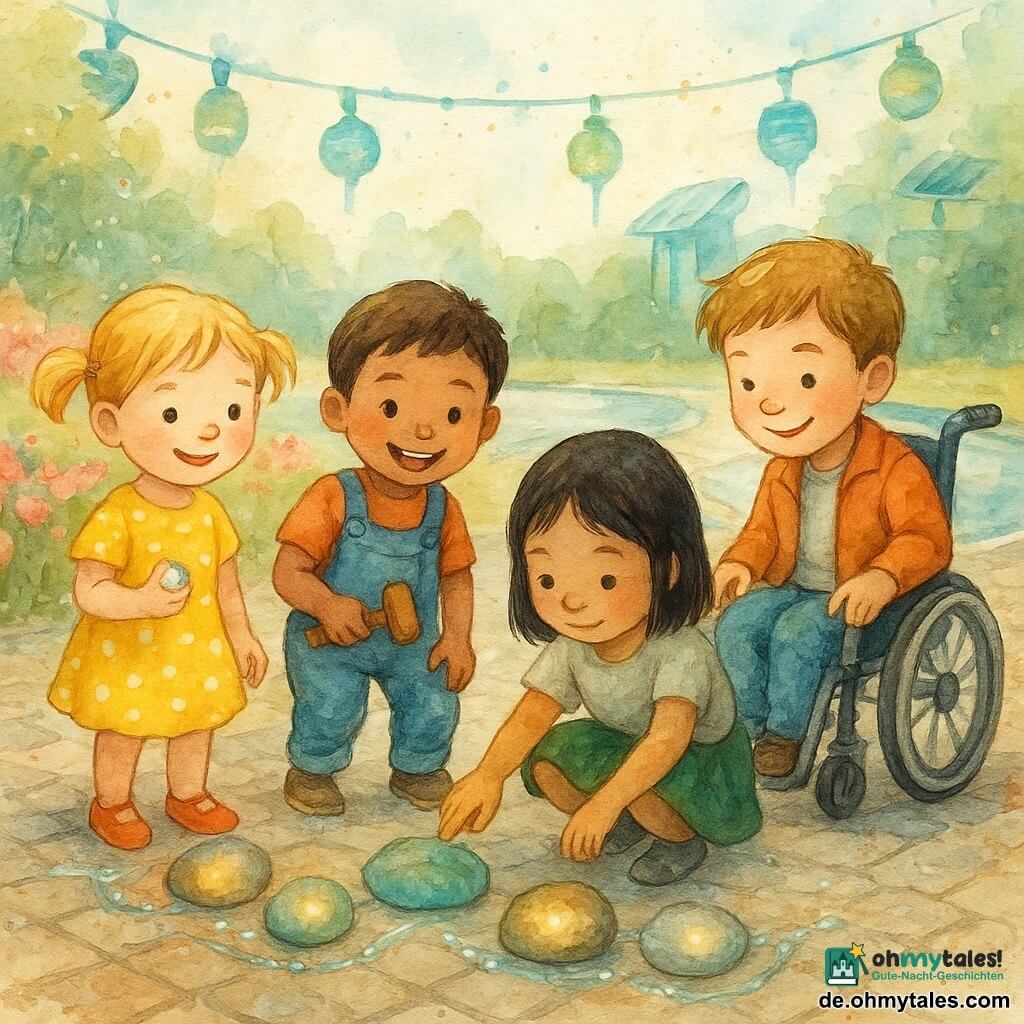 Vier Kinder: Lina, 3 Jahre, blonde Zöpfe, gelbes gepunktetes Kleid, links mit einer glänzenden kleinen Stein in der Hand und lächelnd; Sami, fast 3, kurze braune Haare und blaue Latzhose rechts von Lina, spielt ein kleines Holzinstrument und lacht; Mei, 3, glattes schwarzes Haar, grüner Rock, hockt vorne in der Mitte und berührt eine weiche, moosartige Oberfläche, konzentriert; Jonas, etwas älter, hellbraune Haare, orange Jacke, im Rollstuhl hinten mittig, Hände an den Rädern, lächelnd und drückt mit dem Finger einen runden leuchtenden Knopf. Ort: gepflasterter Platz zwischen Blumenwiese mit rosa Blüten und rundem klaren Wasserbecken, kleine funkelnde Wasserläufe, blaue und grüne Lampions, futuristische Gebäude mit begrünten Dächern und runden Solarpanelen im Hintergrund. Szene: die Kinder arrangieren eine Reihe leuchtender Klangsteine und Wasserperlengirlanden, sanftes Licht strömt aus den Steinen, durchsichtige Fäden schwingen, kleine Tropfen reflektieren Farben, insgesamt eine ruhige, schützende, poetische Atmosphäre.