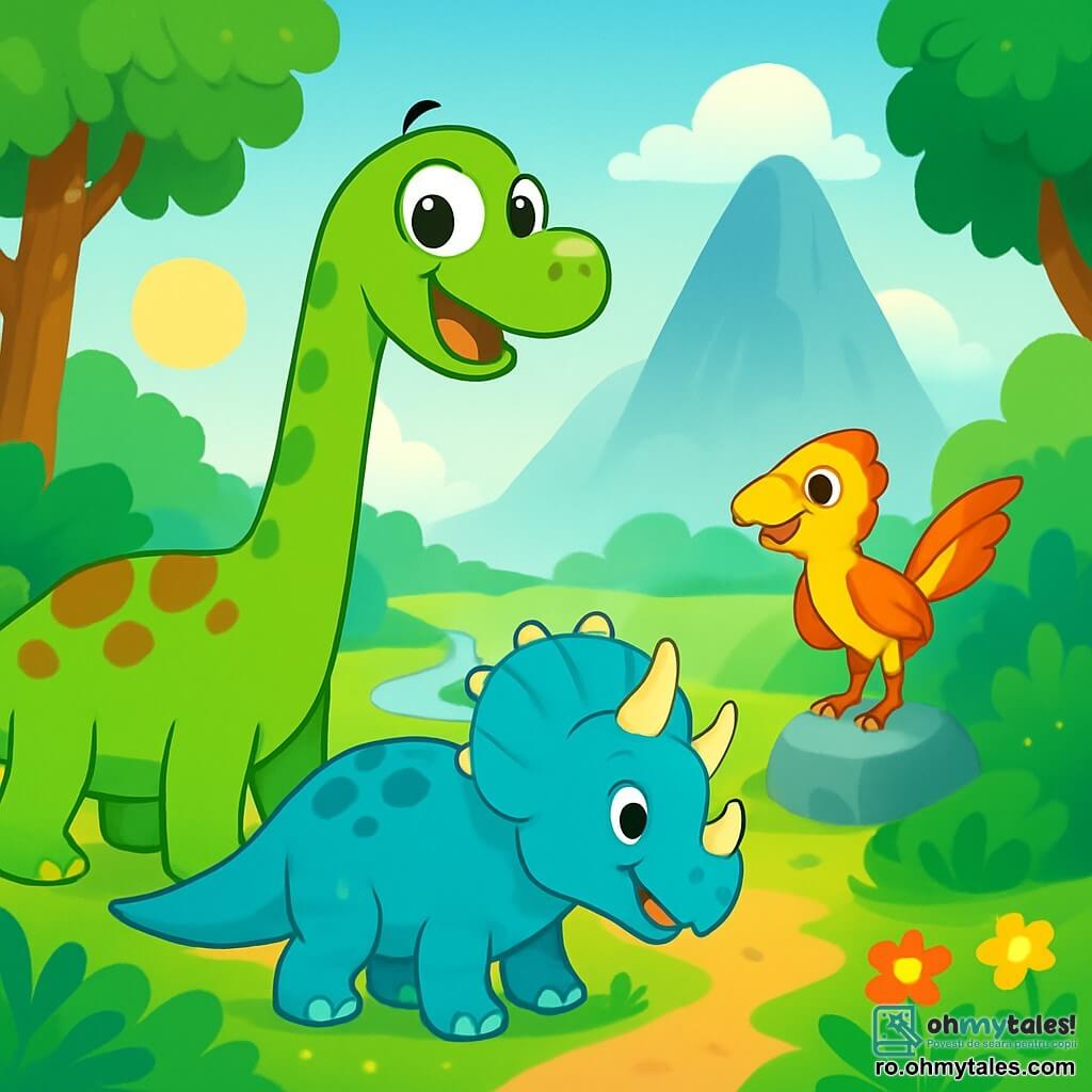 Un diplodocus numit Dodi, cu un gât lung verde și pete maronii, stă la marginea unei văi însorite, cu ochii mari strălucind de excitație. Se uită spre o deal majestuos, plin de mister, cu o expresie curioasă și veselă. Lângă el, Trici, un triceratops cu solzi verde-albăstrui și trei coarne ascuțite, pasc iarba, observându-l pe Dodi cu un zâmbet prietenos. Riri, un raptor agil cu pene galbene și roșii, stă pe o piatră, cu aripile ușor desfăcute, pregătit să zboare pentru a explora. Peisajul este plin de copaci mari cu frunze luxuriante, flori colorate și un râu strălucitor care șerpuiește prin vale. În depărtare, dealul este acoperit de o ceață ușoară, adăugând o notă de mister aventurii. Dodi, plin de entuziasm, se pregătește să plece în aventură pentru a descoperi ce se ascunde dincolo de deal, în timp ce prietenii săi îl încurajează să facă primul pas.