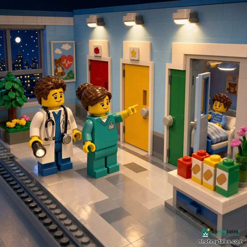 Een hartelijke scène in een ziekenhuisgang als gedetailleerd LEGO-diorama: dokter Daan loopt rustig langs met een kleine plastic stethoscoop en een zaklamp, verpleegster Noor (±30, haren vast) staat naast hem en wijst naar drie gekleurde deuren (rood, geel, groen) met tekenachtige etiketten; door een opengelaten deur zit een ongeveer 6-jarige jongen op een klein LEGO-bed met gestreept dekentje en kijkt nieuwsgierig, de gang heeft zachte maanachtige verlichting, pastelblauwe muren, wit-grijze betegeling, vrolijke kinderp posters en gekleurde verbanddoosjes op een tafel, raam toont nachtelijke stad met lichtjes als vuurvliegjes, warme geruststellende sfeer, glanzende plastic texturen, zachte schaduwen, verzadigde kleuren, licht schuin perspectief, realistisch-schattige illustratiestijl, hoge resolutie, zachte nachtverlichting.
