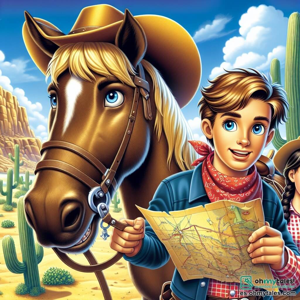 Un joven, Jack, está en el centro de la imagen, con un amplio sombrero de vaquero y una camisa a cuadros roja y azul. Su rostro refleja determinación y emoción, y sus ojos brillan de aventura mientras sostiene firmemente las riendas de su caballo, Canelo, un hermoso semental marrón con una melena dorada. A su lado está Kate, una joven de 20 años, con cabello castaño recogido en una trenza y un pañuelo rojo alrededor del cuello. Ella observa atentamente el viejo mapa que sostiene en sus manos, su expresión es concentrada y llena de esperanza. Al fondo, la escena se desarrolla en un desierto árido, con colinas doradas bajo un cielo azul brillante, salpicado de algunas nubes blancas. Algunos cactus gigantes añaden un toque de verdor a este paisaje salvaje. La situación principal muestra a Jack y Kate, listos para aventurarse en una cueva misteriosa, con sombras amenazantes dibujándose en la entrada, sugiriendo que peligros los esperan en el interior.