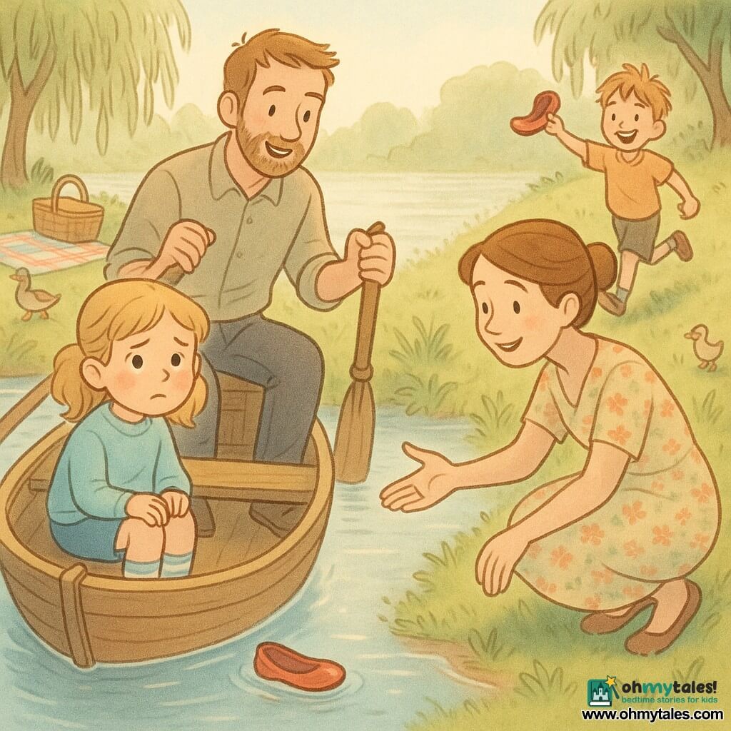 Six-year-old girl sits in a small wooden dinghy, slightly confused but curious, rosy cheek, sky-blue sweater and striped sock visible, her missing red shoe floating near the edge; father (35–40) stands beside the boat smiling with a hand on the oar, light beard, casual clothes and a caring gaze; mother (35–40) crouches at the water’s edge with hair tied, gentle smile and an outstretched hand, wearing a floral dress; older brother Tim (about 8) runs on the shore holding the recovered red shoe triumphantly; setting: calm morning lake with silver-sparkling water, low mist, grassy shore, a colorful picnic blanket and basket nearby, ducks and weeping willows; overall a soft, luminous pastel scene with rounded shapes and gentle textures showing the girl’s slight confusion eased by her parents’ reassurance and her brother’s find.