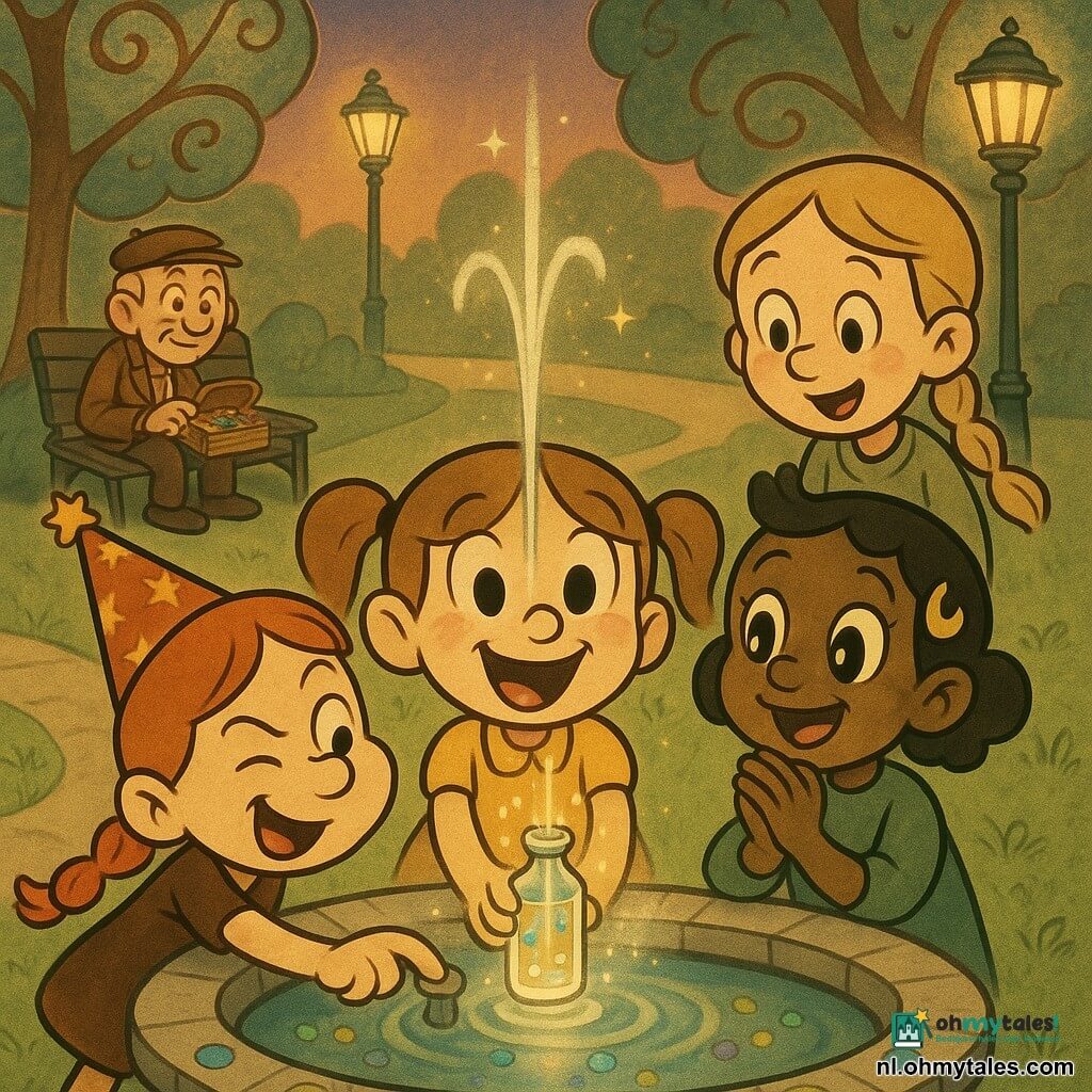 Vijf personages: Mila, meisje 8 jaar, licht kastanjebruin haar in staart, gele jurk, grote glimlach, houdt een klein glazen flesje op de rand van de fontein, kijkt verwonderd naar het water; Zoë, meisje 8 jaar, rood haar in vlecht, feesthoed met sterren, links van Mila, duwt speels op de fonteinknop; Amira, meisje 8 jaar, getinte huid, kort zwart haar met een maanspeldje, rechts van Mila, handen samengevouwen, kijkt naar gekleurde reflecties; Noortje, meisje 8 jaar, blond haar in vlecht, lichtgroene trui, staat iets achter rechts van Mila, ondersteunt het flesje; Park-Opa, man ~70, gerimpelde zachte huid, klein vlak petje, versleten bruine jas, zit op een bank linksachter met een houten doos met kleurige zakjes en kijkt vriendelijk naar de kinderen. Locatie: buurtpark bij schemering met groen gazon, lichte geplaveide pad, gestileerde bomen, ronde stenen fontein met mozaïek van kleine gekleurde druppels (blauw, groen, paars, goud), lichte nevel en enkele retro lantaarns aan. Hoofdscène: kinderen vullen een klein flesje aan de fontein; helder water stroomt als een dunne glanzende straal, gouden vonkjes dwarrelen in het flesje dat glinstert, gezichten vol verwondering en kameraadschap, warme pastelkleuren en retro cartoonstijl met vloeiendelijnen.