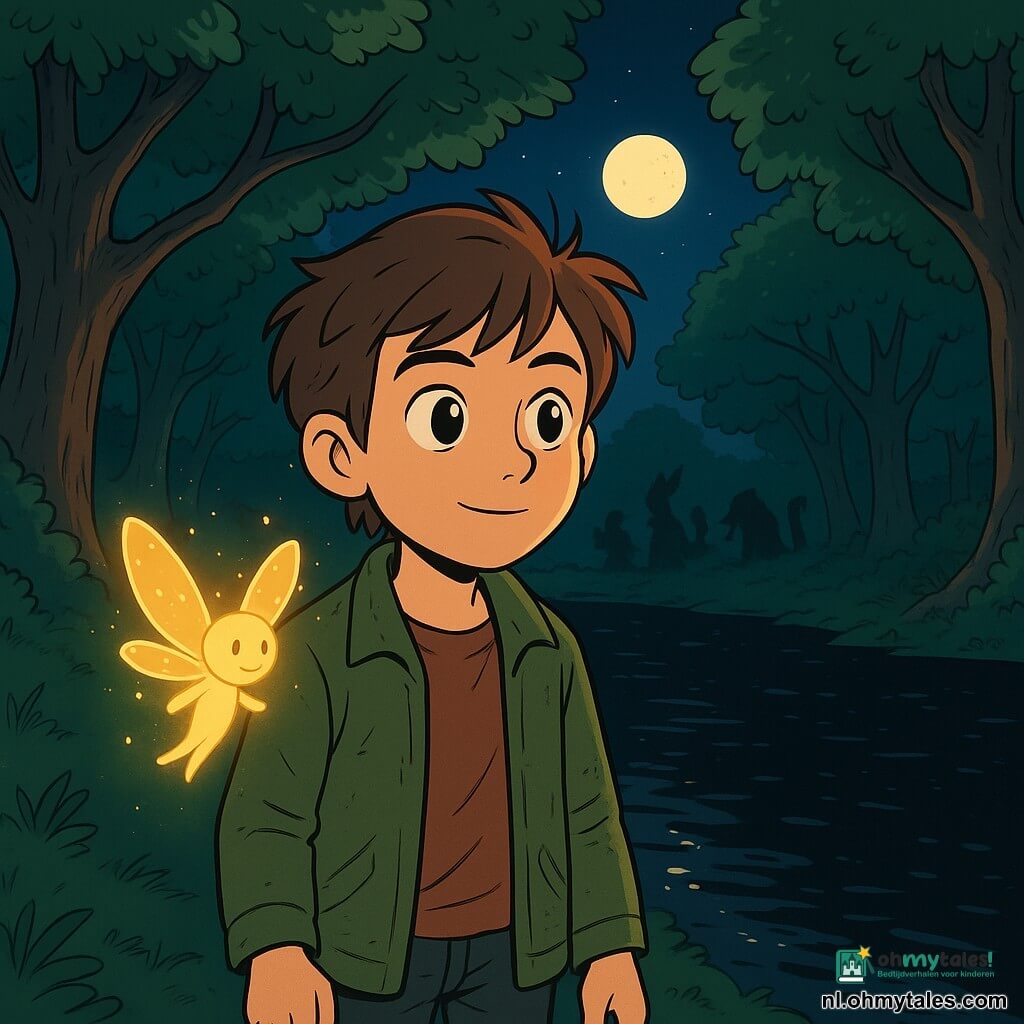Een jonge jongen genaamd Elias, ongeveer 10 jaar oud, staat aan de oever van een donkere rivier, zijn gezicht verlicht door een glimp van hoop. Hij heeft rommelig bruin haar, heldere en nieuwsgierige ogen, en draagt een versleten groene stoffen jas. Vastberaden kijkt hij naar de andere oever, waar schaduwen op het water dansen. Naast hem staat een klein vuurvliegje, een delicate en lichtgevende creatuur, die een zachte gouden gloed uitstraalt. Het heeft doorschijnende vleugels die schitteren als sterren en lijkt Elias aan te moedigen met een vriendelijke glimlach. De plek is een betoverd bos, met grote bomen met knoestige stammen, waarvan de felgroene bladeren het maanlicht filteren. De diepzwarte rivier weerspiegelt de sterren, wat een magische en mysterieuze sfeer creëert. De scène toont Elias die klaar is om de rivier over te steken, vastbesloten om de dieren van het bos te helpen, terwijl het vuurvliegje naast hem straalt en het pad naar het onbekende verlicht.