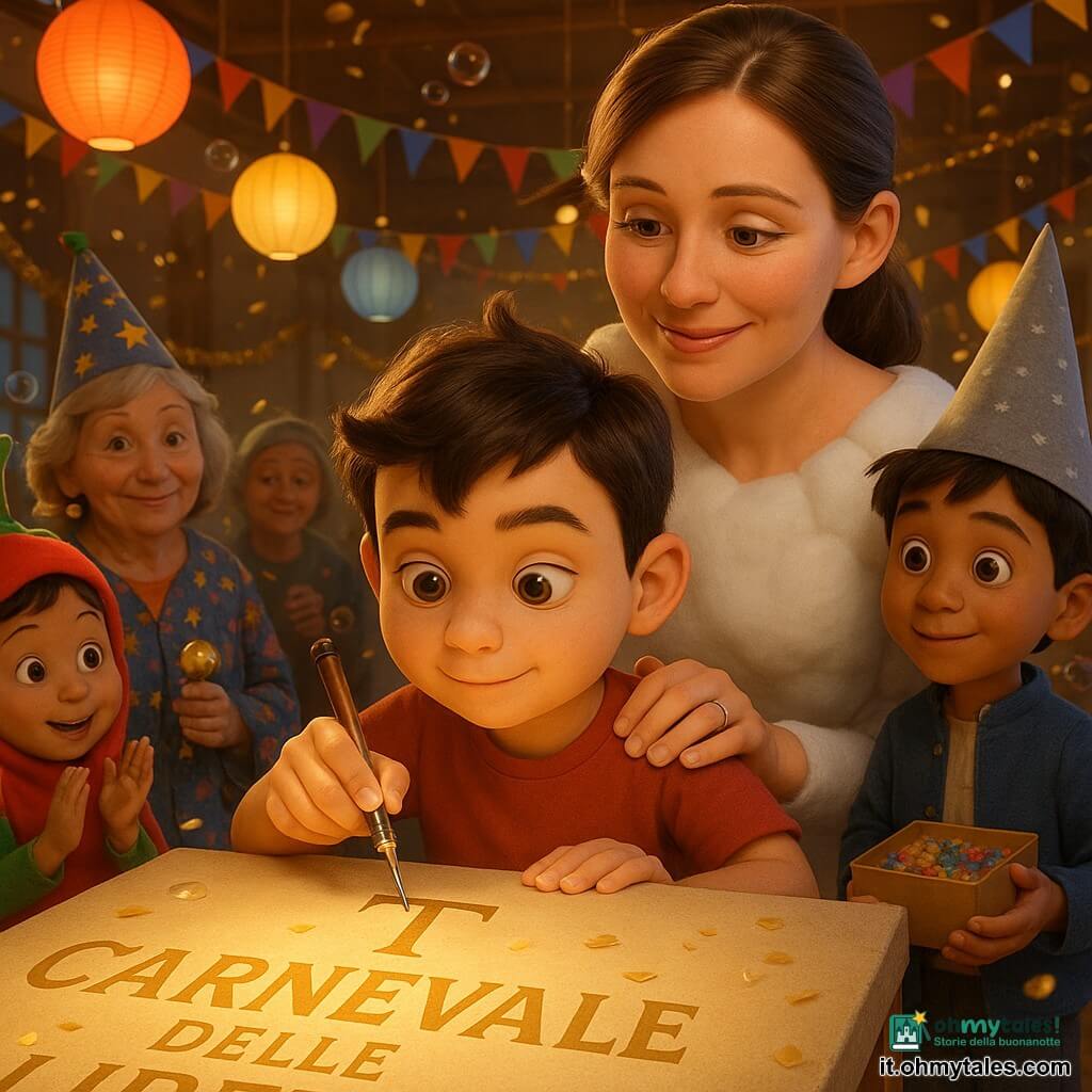 Un bambino di 8 anni, calmo e concentrato, volto rotondo con ciuffo bruno ribelle e occhi nocciola, incide con una punta metallica lucida una delicata lettera "T" su una grande pannello di tela beige recante la scritta CARNEVALE DELLE LIBERTÀ; alla sua destra la madre elegante con capelli castani raccolti e abito bianco di cotone posa una mano sulla sua spalla e sorride; a sinistra, leggermente indietro, Lidia, donna di circa 60 anni con cappello decorato di stelle e abito colorato, agita un piccolo sonaglio dorato; una bimba di 7 anni in costume rosso a forma di peperone applaude tenendo un palloncino di cotone; un ragazzo di 9 anni con cappello da mago di carta tiene vicino al bordo del pannello una scatoletta aperta piena di coriandoli; la sala del centro culturale è decorata con lanterne di carta rosse, gialle e blu, festoni multicolori, un piccolo podio in legno e cascate di coriandoli dorati; luce calda illuminante la lettera "T", confetti gialli e bolle di sapone fluttuanti, espressioni gioiose e atmosfera festosa e intima.