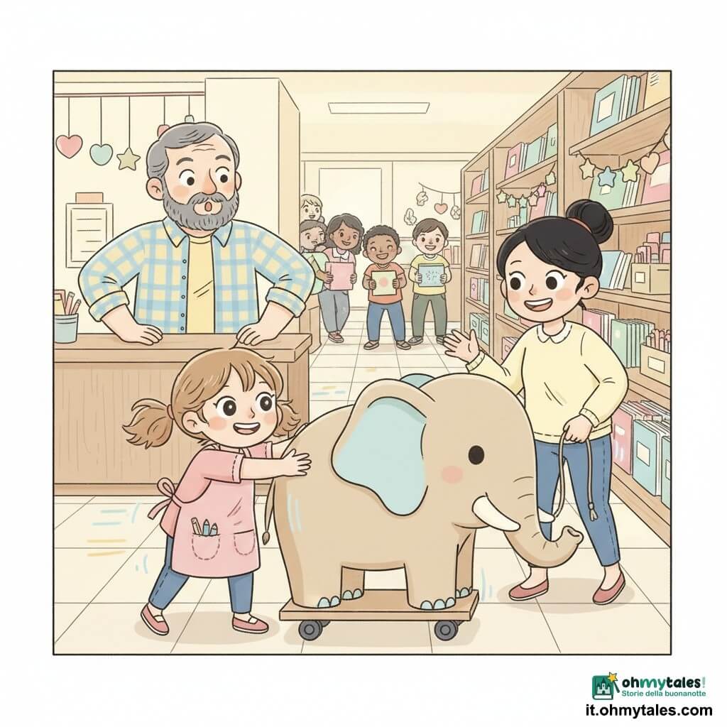Una bambina di 10 anni con capelli castano chiaro in codini disordinati e sorriso malizioso spinge delicatamente un grande elefante di cartone poggiando le mani sotto la proboscide; indossa un grembiule con tasche piene di matite. Dietro il banco, il proprietario circa 50 anni, barba brizzolata e camicia a quadri, osserva stupito, mentre la madre (circa 35 anni, capelli raccolti) tiene una corda e incoraggia la bambina. Sullo sfondo altri bambini (8–12 anni) formano una catena e ridono portando scatole colorate; tutti sollevano l’elefante sul piccolo carrello in un negozio di forniture caldo con scaffali in legno, luci gialle e palette pastello in stile kawaii minimal, linee pulite e ombre leggere.
