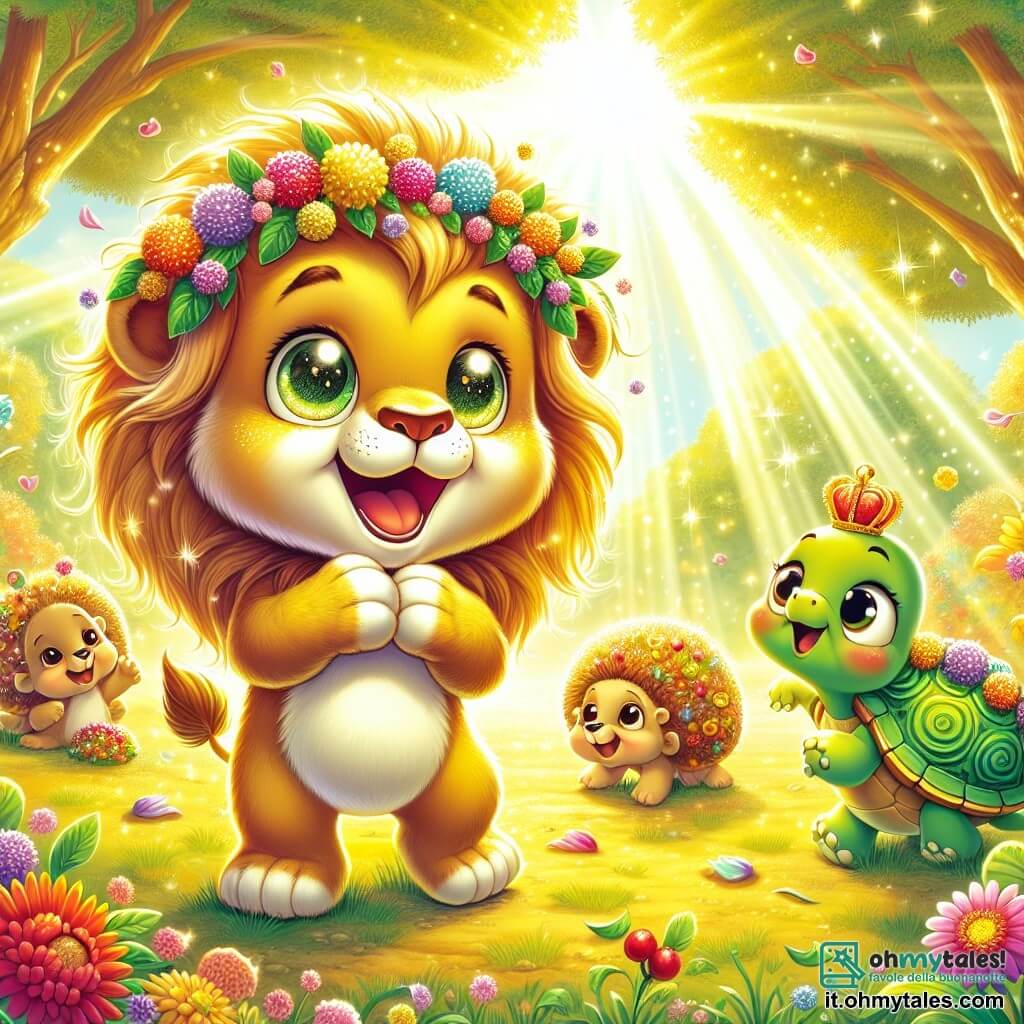 Un giovane leone dagli occhi scintillanti e dalla criniera dorata, pieno di entusiasmo, si trova al centro di una radura soleggiata, circondato da fiori colorati e foglie brillanti. Sorride ampiamente, con le zampe sollevate come se fosse pronto a saltare di gioia. Alla sua destra, una tartaruga dal sorriso dolce, con un guscio verde decorato con motivi floreali, guarda il leone con orgoglio, tenendo tra le zampe delle bacche colorate che ha appena raccolto. A sinistra, un piccolo riccio dai pungiglioni dorati, con occhi maliziosi, si dà da fare per creare festoni con le foglie, ridendo allegramente. L'ambientazione è una radura magica, illuminata da una luce dorata, dove fiori vivaci danzano al vento e raggi di sole filtrano attraverso alberi maestosi, creando un'atmosfera calda e festosa. La scena principale mostra il giovane leone e i suoi amici intenti a preparare una festa a sorpresa per la festa del papà, pieni di entusiasmo e amicizia, pronti a celebrare l'amore nel loro mondo incantato.