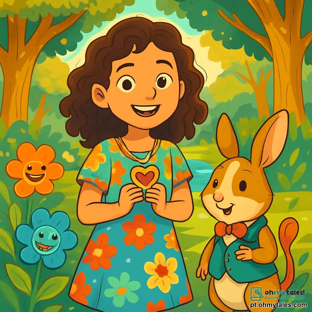 Uma menina de 12 anos, com cabelos castanhos e cacheados, olhos brilhantes de alegria, está no centro de um jardim secreto encantado, cercada por flores coloridas que dançam ao vento. Ela usa um vestido leve e colorido, com estampas florais, e sorri maravilhada, segurando um colar em forma de coração nas mãos. Ao lado dela, um porquinho-da-índia travesso chamado Sr. Pelúcio, de grandes orelhas, está em pé sobre as patas traseiras, vestido com um pequeno colete elegante, com uma expressão maliciosa. O jardim é vibrante, com árvores de troncos dourados e folhas cintilantes, enquanto um riacho de águas cristalinas serpenteia pelo cenário, refletindo os raios de sol. Flores falantes de pétalas multicoloridas cercam o grupo, adicionando um toque de magia. A cena principal mostra a menina e o Sr. Pelúcio celebrando um aniversário mágico, rodeados por amigos, todos maravilhados com as belezas do jardim, prontos para enfrentar desafios encantados em busca de tesouros escondidos.