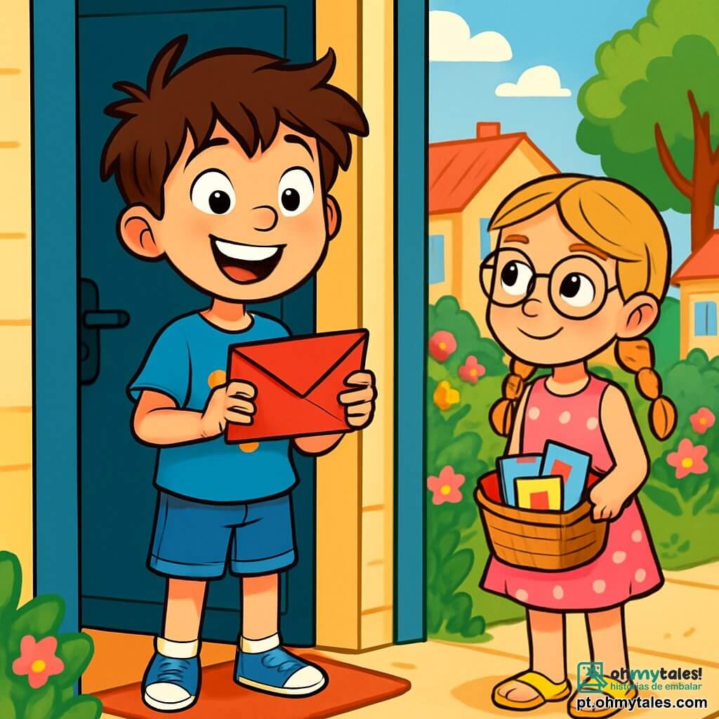 Um garoto de 10 anos, chamado Pedro, com cabelos castanhos bagunçados e olhos brilhando de curiosidade, segura um envelope vermelho nas mãos, com o rosto iluminado por um grande sorriso de empolgação. Ele usa uma camiseta azul com um desenho de super-herói e um short de jeans, em pé na entrada de sua casa. Ao lado dele, sua vizinha, Sofia, uma menina de 9 anos com cabelos loiros trançados e óculos redondos, observa Pedro com um olhar intrigado, segurando uma pequena cesta cheia de cartões coloridos. Ela está vestida com um vestido rosa de bolinhas e sandálias amarelas, ligeiramente recuada, pronta para ajudá-lo em sua busca. O cenário é de um bairro residencial ensolarado, com casas de fachadas coloridas, jardins floridos e árvores verdes. O céu é de um azul vibrante, com algumas nuvens brancas fofas. A situação principal mostra Pedro, entusiasmado e determinado, pronto para procurar o destinatário do envelope misterioso, enquanto Sofia o incentiva com um sorriso amigável, cercados pela atmosfera alegre do Dia dos Namorados.