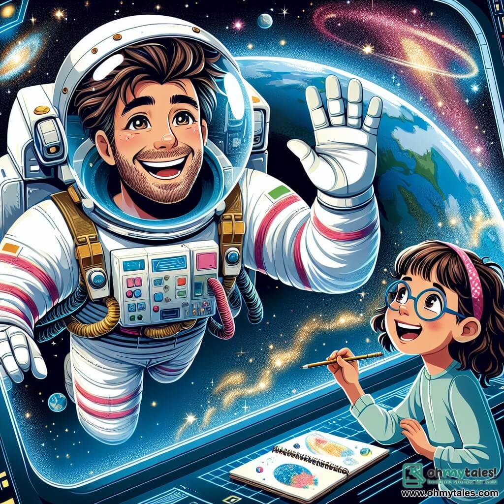 An astronaut, a man with a smiling face and sparkling eyes, floats in space, wearing a white spacesuit adorned with bright colors. His transparent helmet reveals his messy brown hair and amazed expression as he admires Earth, a stunning blue and green globe below him. Nearby, a 10-year-old girl with curly hair and glasses watches in fascination through a spaceship window. She holds a sketchbook, enthusiastically drawing the stars and planets she sees. The spaceship, orbiting Earth, is filled with glowing control panels and screens displaying scientific data. Outside, a sparkling starry background is dotted with distant galaxies and colorful nebulae. The main scene shows the astronaut sharing his incredible experience with the girl, explaining the beauty of space and the importance of dreaming big as they float together in the vastness of the universe.