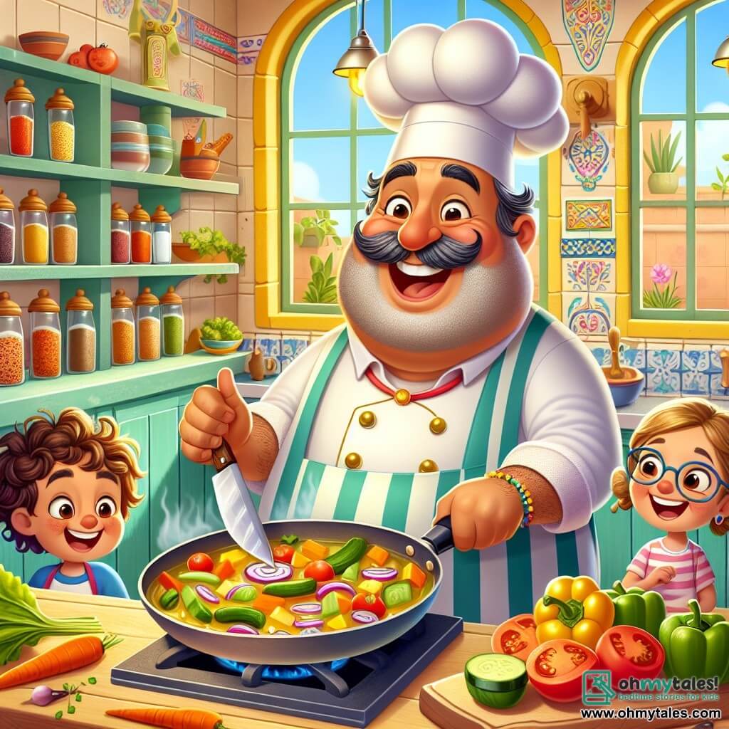 In the center of the image, Chef Benny, a jovial man in his fifties with a round belly and a large white mustache, wears a colorful apron and a chef's hat. He smiles widely, his eyes sparkling with joy, as he shows a large pan filled with colorful vegetables dancing in hot oil. To his right, Lily, an 8-year-old girl with curly hair and glasses, is cutting tomatoes with a small plastic knife, her face radiating excitement. To his left, Max, a 9-year-old boy with messy brown hair, holds a carrot and makes a funny face, ready to add it to the pan. The setting is a warm and welcoming bistro, with pastel yellow walls, shelves filled with colorful spice jars, and windows letting in sunlight, creating a cheerful atmosphere. On the wooden table, fresh ingredients are arranged, creating a lively and friendly ambiance. The scene depicts Chef Benny and the children cooking together, laughing and having fun while preparing a delicious stir-fried vegetable dish, illustrating the magic of cooking and the joy of sharing moments together.