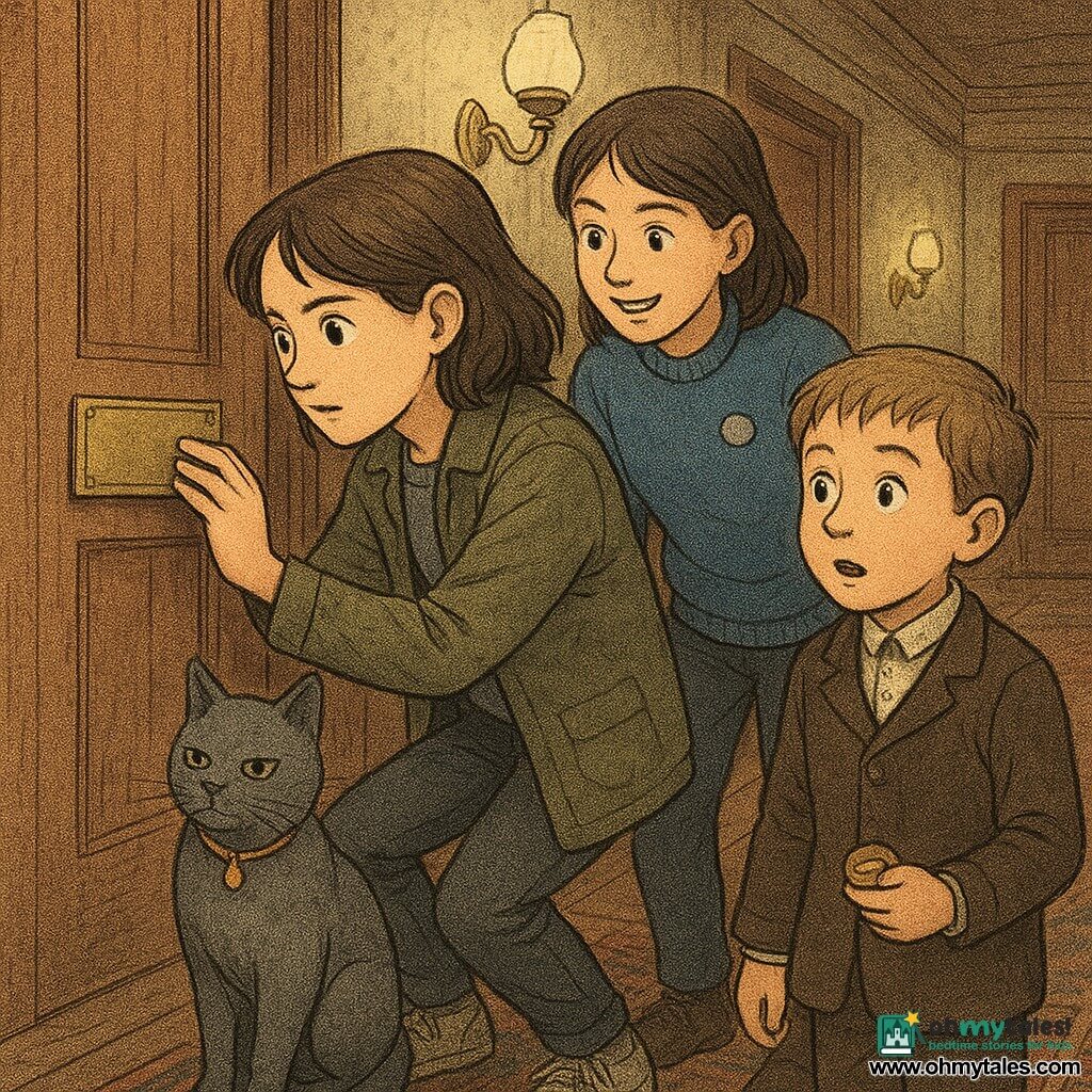 Mina, 12, focused with bright eyes, in a simple khaki jacket and slightly dirty sneakers, delicately places a brass nameplate into a vacant slot on a door; Tamsin, about 12, determined and smiling, wearing a blue sweater with elbow patches and a badge holder, stands just behind her, leaning in to help and inspect the plate; Elliot, about 9, surprised but relieved, in an old suit with a stiff collar, stands on the other side of the door holding a small brass button in his palm; Professor Whiskers, a gray silky cat with a gold collar, sits on a rug before the door with a calm, stern look. The warm, timeless interior corridor has worn wooden paneling, warm wall lights, a bowl of red apples on a console, brass plates on the doors, Persian rug patterns and dust motes in shafts of light. Main moment: a quiet, tense repair—Mina replaces the missing plate to stabilize a time door, soft light highlighting the brass, precise movements, an atmosphere of wonder and responsibility.