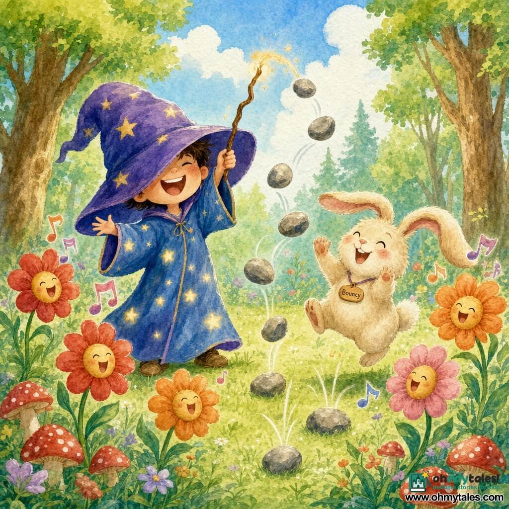 A smiling, mischievous boy wizard with twinkling eyes and an oversized violet hat slipping over his eyes wears a long blue robe sprinkled with softly glowing yellow stars; he holds a slightly curved wand that sends pebbles bouncing like jelly. Beside him to the right, Bouncy, a small fluffy cream-colored rabbit with long floppy ears, jumps and raises a paw as if applauding. Colorful flowers with smiling faces circle them, singing and swaying. Background: a sunny clearing in a friendly forest with tender green grass, a few red mushrooms with white spots, brown-trunked trees and soft green foliage under a pale blue sky with fluffy clouds. Joyful magical moment, centered composition, warm playful atmosphere, bright colors and soft watercolor-like edges.