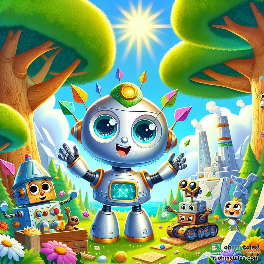 Il personaggio principale, Zingo, è un piccolo robot carino con un corpo in metallo lucido, occhi rotondi ed espressivi che brillano di eccitazione. Sta scoprendo un mondo antico, con le braccia alzate in segno di gioia, circondato da colori vivaci e forme divertenti. Accanto a lui c'è Pif, un robot a vapore con ruote e ali di carta, che sorride con meraviglia, le braccia incrociate, osservando Zingo con ammirazione. La scena si svolge in una foresta incantata, con alberi giganteschi dalle foglie verdi brillanti, fiori colorati e piccoli robot che costruiscono un ponte di legno, il tutto sotto un cielo blu punteggiato di nuvole bianche e soffici. La situazione principale mostra Zingo e Pif che collaborano gioiosamente con altri robot, tutti uniti in un progetto di costruzione, simboleggiando amicizia e cooperazione nel tempo.