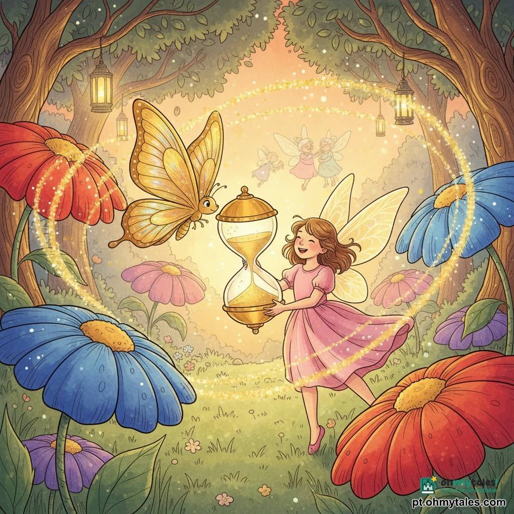 A fada Lila, criança fada sorridente de asas brilhantes e vestido rosa-pálido, segura uma grande ampulheta dourada; uma borboleta dourada pousa ao seu lado sobre uma flor gigante enquanto flores coloridas formam um caminho; ao fundo fadas pequenas e desfocadas brincam entre troncos, e no Jardim do Tempo — relva macia, árvores cintilantes e lanternas crepusculares — Lila ativa a ampulheta e redemoinhos de luz e areia dourada transformam suavemente o tempo.