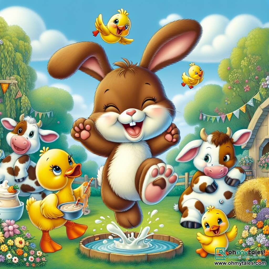 An adorable rabbit named Benny, with big floppy ears and soft brown fur, joyfully hops in the center of the image, a big smile on his face, holding a carrot-shaped cupcake in his little paws. To his right, Daisy, a bright yellow duck with shiny feathers, dances splashing in a small pond, her wings open and her face radiating happiness. To the left, Charlie, a brown cow with white spots, is making milkshakes, a large container in his paws, smiling at Benny. The setting is a sunny garden filled with colorful flowers, green trees in the background, and a light blue sky dotted with fluffy clouds. The ground features games like haystacks and floral decorations adding a festive touch. The main scene shows Benny and his friends preparing for their big party, surrounded by laughter and joy, ready to have fun together.