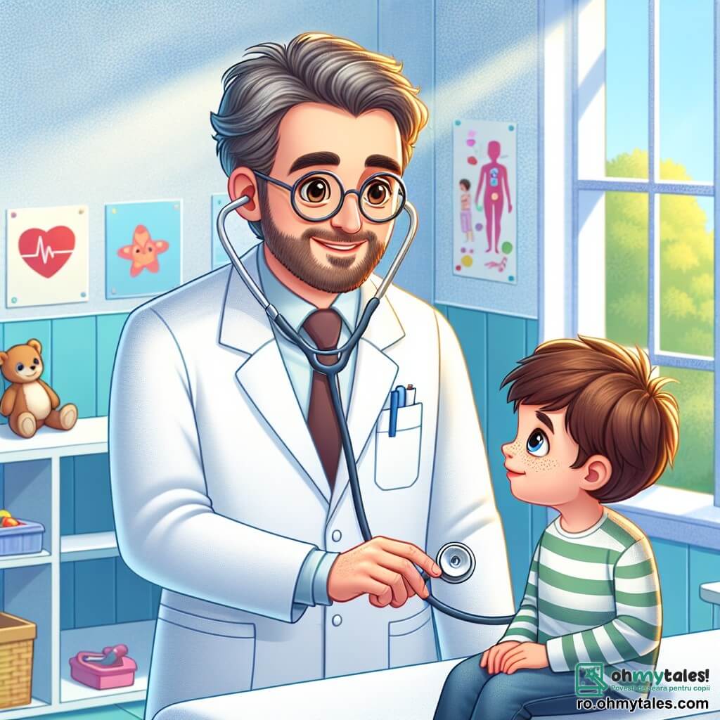 Personajul principal este doctorul Andrei, un bărbat de aproximativ patruzeci de ani, cu părul brun ușor cărunt și ochelari rotunzi care îi conferă un aer binevoitor. Poartă un halat alb impecabil și are un zâmbet cald, arătându-și determinarea de a-și ajuta pacienții. El ascultă inima unui băiețel, Răzvan, care are aproximativ opt ani, cu părul castaniu zbârlit și ochi curioși. Răzvan, ușor nervos, îl privește pe doctor cu admirație, așezat pe o masă de examinare în cabinetul medical. Cabinetul este luminos și primitor, cu pereți vopsiți în albastru deschis, afișe colorate despre sănătate și jucării împrăștiate pe o etajeră. O fereastră mare lasă să pătrundă lumina soarelui, iluminând instrumentele medicale aranjate cu grijă pe o masă din apropiere. Situația principală îl arată pe doctorul Andrei liniștind pe Răzvan, explicându-i cum funcționează stetoscopul în timp ce îi face să asculte bătăile inimii, creând o atmosferă de încredere și bunăvoință.