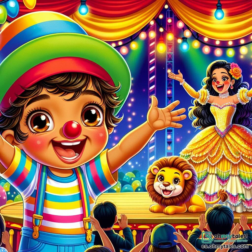 Un niño de 3 años, Miguel, con grandes ojos brillantes y una amplia sonrisa, lleva una gorra colorida y una camiseta a rayas. Está haciendo una mueca cómica en el escenario, con los brazos extendidos y una expresión de alegría y emoción en su rostro. A su lado, Pipo, un payaso alegre de unos 30 años, con una gran nariz roja y cabello alborotado, hace gestos exagerados para hacer reír al público, sosteniendo una gran flor de plástico. Rosa, una domadora de leones de unos 25 años, con un vestido brillante y cabello largo, está al fondo, sonriendo y aplaudiendo, mientras sostiene un león de peluche. El lugar es un circo colorido, con carpas rojas y amarillas, luces centelleantes y globos flotando en el aire. Los espectadores maravillados están sentados en bancos de madera, riendo y aplaudiendo. La situación principal muestra a Miguel en el escenario, listo para hacer reír al público con sus muecas, rodeado de sus amigos artistas del circo, creando un ambiente alegre y mágico.