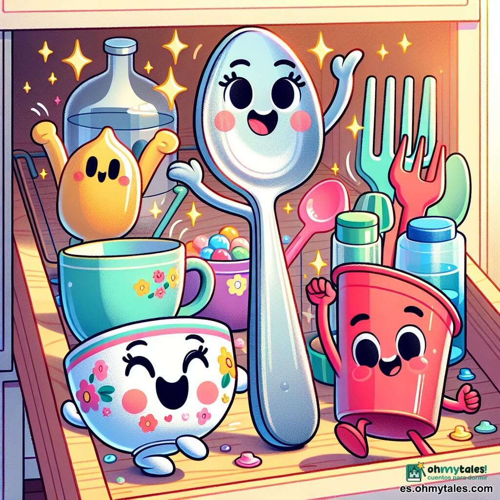 En el centro de la imagen, Mili, una pequeña cuchara de metal brillante, con grandes ojos redondos y una sonrisa radiante, baila alegremente, con los brazos en alto, rodeada de pequeñas estrellas brillantes. A su derecha, Tina, una adorable taza de porcelana con motivos florales coloridos, aplaude con entusiasmo, sus mejillas sonrosadas y ojos llenos de alegría. A la izquierda, Rulo, un tenedor de plástico rojo, hace piruetas, con sus puntiagudas dientes moviéndose con energía y mostrando una expresión divertida. El fondo es un cajón de cocina de madera clara, lleno de cubiertos y pequeños objetos coloridos, con rayos de sol filtrándose a través de una ventana, iluminando la escena con una luz cálida. Mili y sus amigos están bailando y riendo juntos, creando una atmósfera de felicidad y camaradería, con risas que parecen flotar a su alrededor como burbujas de jabón.
