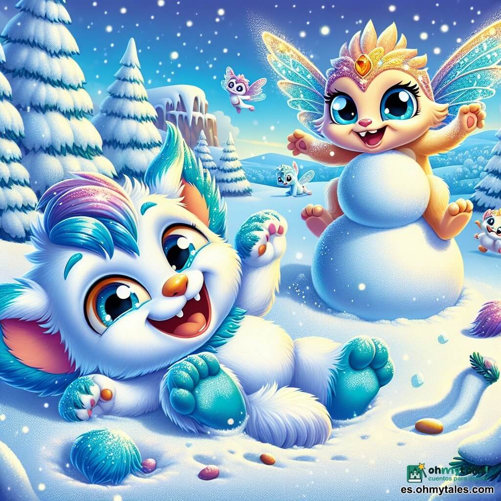 Fluvio, un pequeño animal con grandes orejas redondas y pelaje azul suave, está tumbado en la nieve, riendo alegremente con ojos brillantes de felicidad. Rueda en la nieve fresca, dejando huellas de su colorido pelaje. A su lado, Lira, una criatura alada con alas translúcidas brillantes, se desliza sobre una gran hoja, mostrando una sonrisa radiante y ojos brillantes de travesura. Ella está a punto de elevarse en el aire, rodeada de copos de nieve que bailan a su alrededor. El paisaje es un hermoso entorno invernal, con majestuosos árboles cubiertos de nieve brillante, colinas blancas ondulantes y un cielo azul claro salpicado de nubes esponjosas. La escena muestra a Fluvio y Lira divirtiéndose juntos, construyendo un gran muñeco de nieve, con ramas como brazos y piedras como ojos, mientras ríen y disfrutan de la magia del invierno.
