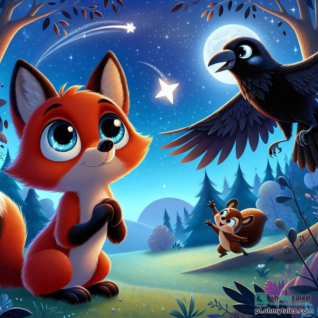 Félix, um jovem raposinho de pelagem ruiva brilhante e olhos curiosos, está no centro da cena, misturando excitação e apreensão. Ele olha para o céu estrelado, com as orelhas em pé e a cauda enrolada nas patas, como se se preparasse para um passo ousado no desconhecido. À sua direita, Luna, uma corvo sábia com penas pretas brilhantes e grandes olhos redondos, o observa com uma expressão tranquilizadora, pousada em um galho baixo, pronta para encorajá-lo. À esquerda, Nico, um pequeno esquilo de pelos marrons e cauda espessa, salta de alegria, apontando para uma estrela cadente que atravessa o céu. O cenário é um lindo vale secreto, iluminado pela luz da lua, cercado por árvores majestosas com folhas prateadas que brilham como diamantes. O chão é coberto por uma suave grama verde, salpicada de flores noturnas que se abrem sob a luz das estrelas. A situação principal mostra Félix, hesitante mas determinado, pronto para superar seu medo do escuro, cercado por amigos que o incentivam a admirar a beleza do céu noturno, transformando sua apreensão em deslumbramento.