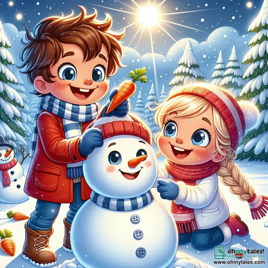 A 5-year-old boy named Oliver, with messy brown hair and rosy cheeks, smiles in wonder as he holds a small carrot for the snowman's nose. He wears a bright red coat, a striped scarf, and blue gloves. Next to him, his best friend Mia, a 5-year-old girl with braided blonde hair, joyfully laughs while holding two shiny buttons for the snowman's eyes, standing slightly back to admire their creation. The scene takes place in a magical winter park, where majestic trees are covered in sparkling snow, and the ground is a thick layer of fresh snow. Snowflakes gently fall from the sky, creating an enchanting atmosphere. Oliver and Mia are building a snowman, surrounded by laughter and joy, while the sun faintly shines through the clouds, illuminating their winter adventure.