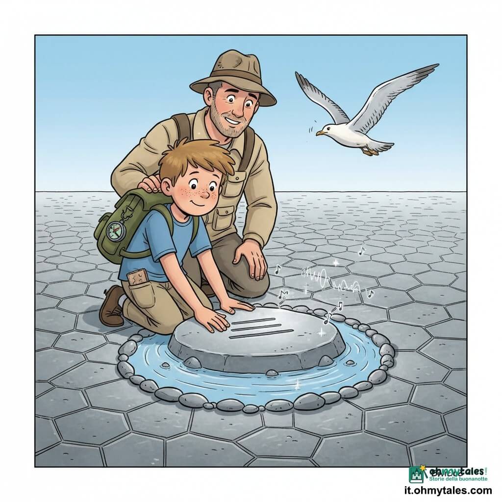 Un ragazzo, Luca di circa 8 anni, è inginocchiato davanti a una grande pietra liscia al centro di un cerchio su una crosta poligonale; capelli castano chiaro spettinati, viso tondo con lentiggini, zaino kaki troppo grande, bussola alla tracolla e una piccola tessera d’argilla in tasca, sorride stupito mentre posa l’indice sull’incisione della pietra; dietro di lui lo zio Arturo, 40–50 anni, con mano fiera sulla spalla, cappello da esploratore consumato, giacca beige da tela e sorriso incoraggiante; sullo sfondo un gabbiano grigio e bianco in volo; la superficie è grigia e lucida fatta di esagoni e pentagoni le cui fessure convergono al centro, dove la pietra è incisa con un simbolo a tre linee e c’è un piccolo bacino d’acqua che riflette il cielo azzurro con alcuni ciottoli disposti a raggio; scena calma e magica: la terra sembra “cantare” alla mano del bambino con lievi vibrazioni visive, onde, note stilizzate e scintille di luce, colori morbidi, contrasti netti e orizzonte basso per valorizzare la crosta poligonale.