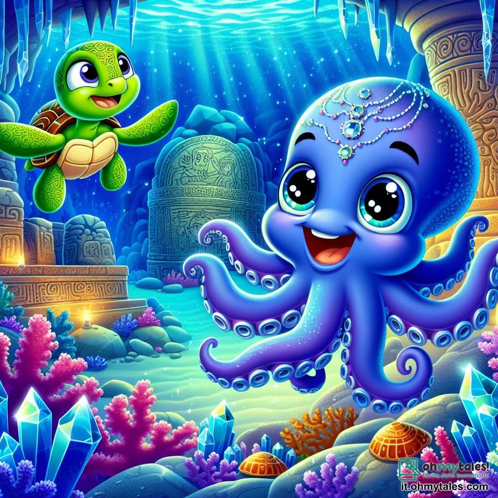 Un giovane polpo di nome Tito, con una pelle blu brillante e tentacoli ondulanti, nuota entusiasta in una grotta sottomarina illuminata da cristalli scintillanti. I suoi grandi occhi rotondi brillano di eccitazione e curiosità mentre esplora questo mondo misterioso. Accanto a lui, una giovane tartaruga marina di nome Stella, con un carapace verde decorato da motivi dorati, sorride felicemente, i suoi occhi scintillanti di gioia, mentre indica un antico affresco sulla parete della grotta. La grotta è piena di coralli colorati, pesci dai colori vivaci e luci danzanti che filtrano attraverso l'acqua, creando un'atmosfera magica e incantevole. Tito e Stella scoprono insieme il segreto degli Antichi, meravigliati dalla bellezza e dai misteri che li circondano.
